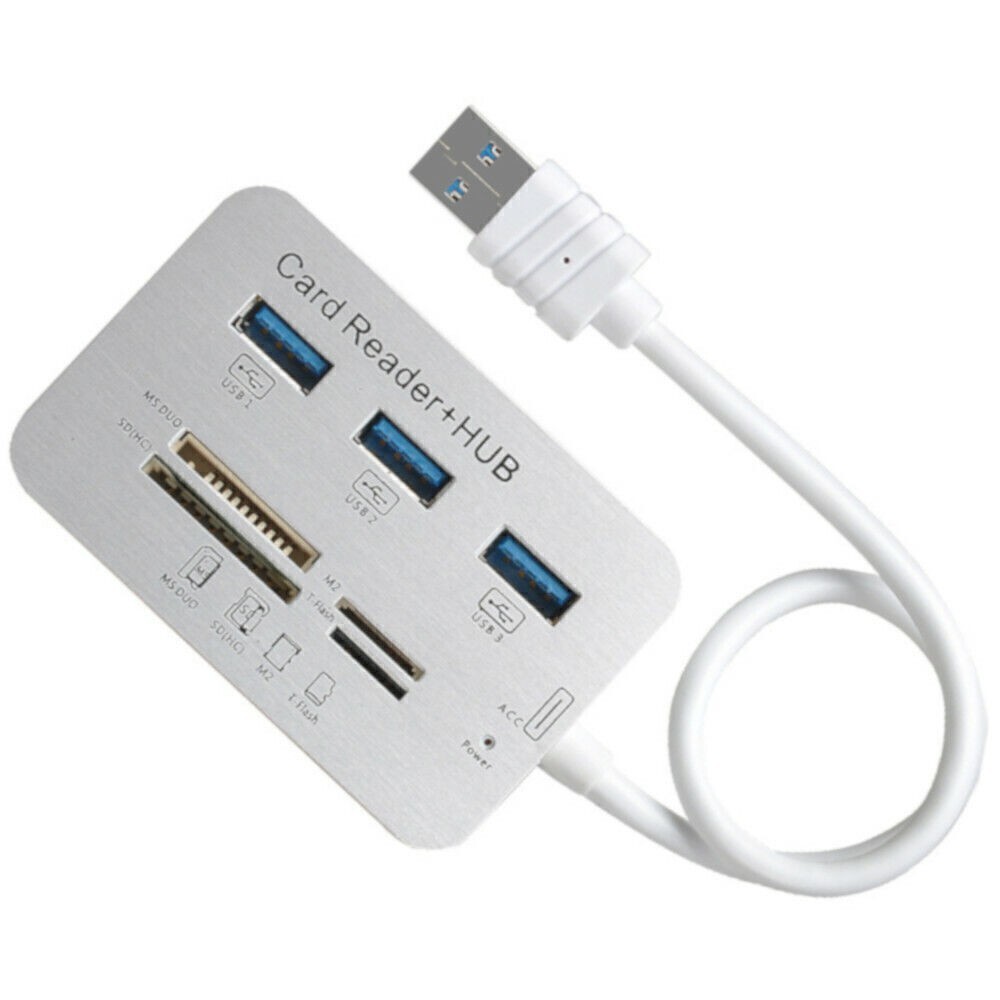 US Aluminum 3 Port USB 3.0 Hub MS SD M2 TF Multi-In-1 Memory Card Reader Adapter