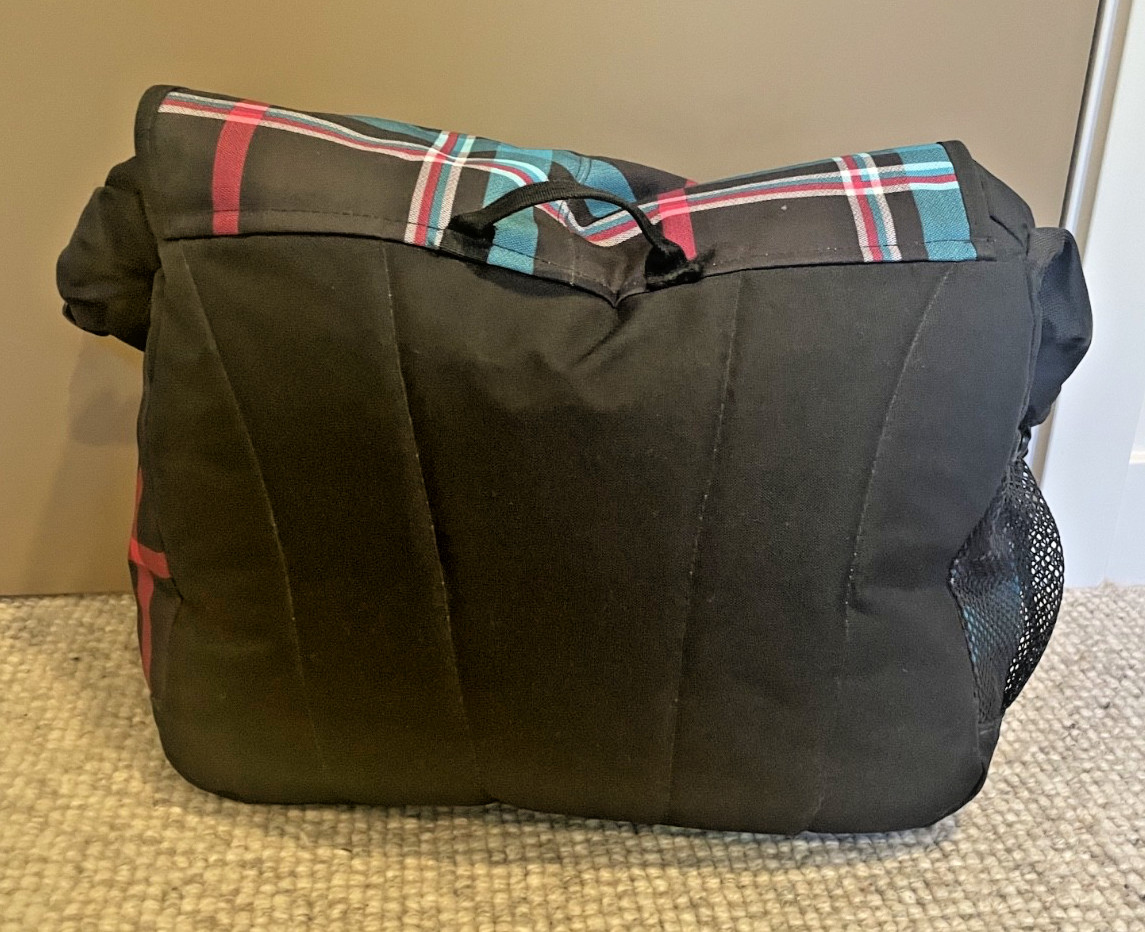JanSport Teal Pink Black Plaid Messenger Bag 16×13 Padded Laptop Lined Zippers