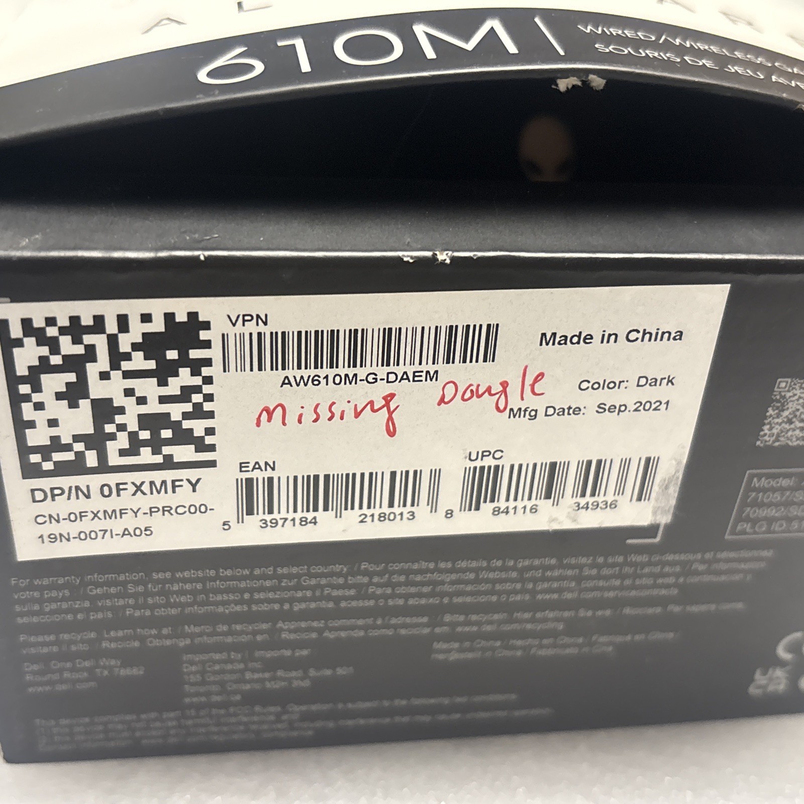 DELL Alienware Gaming Mouse AW610M, Wired/Wireless, 16000 dpi Missing Usb Dongle