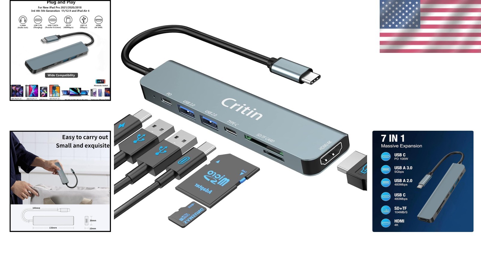 7-in-1 USB C Hub with 4K Output & 100W PD Charging for Ultimate Convenience