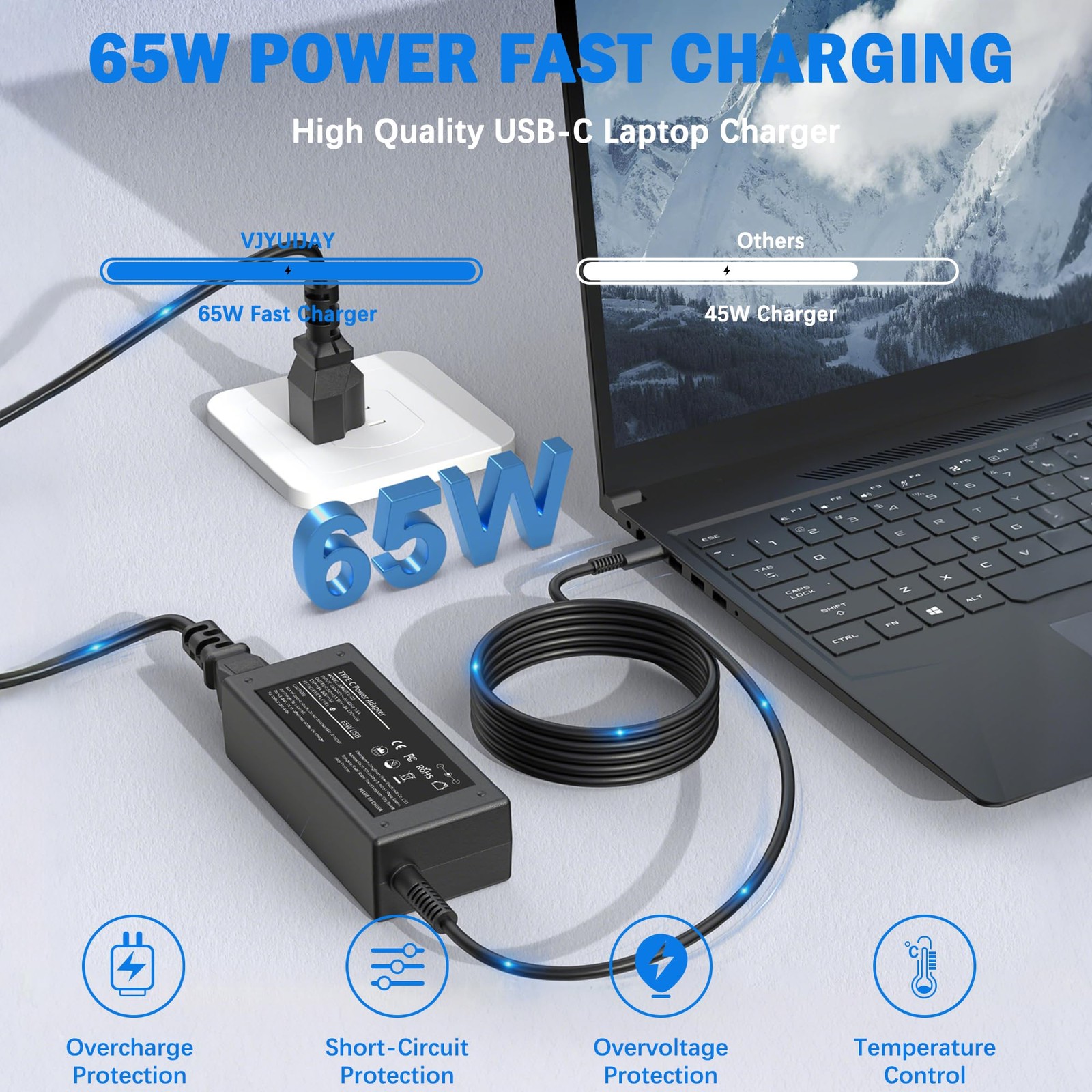 65W USB C Laptop Charger Input 100-240V Output 20V-3.25A – Compatible