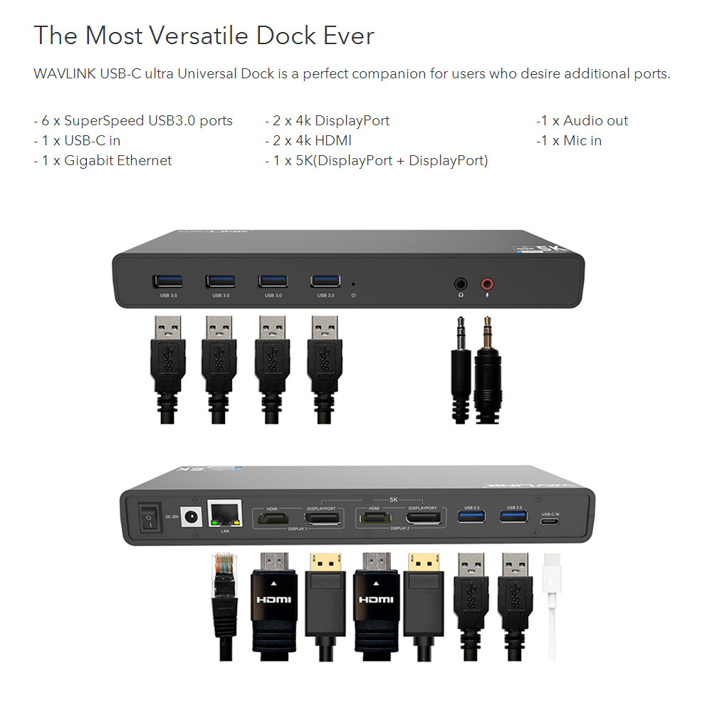 WAVLINK Dual HDMI Dual DP DisplayLink Docking Station USB C Hub RJ45 6*USB 3.0