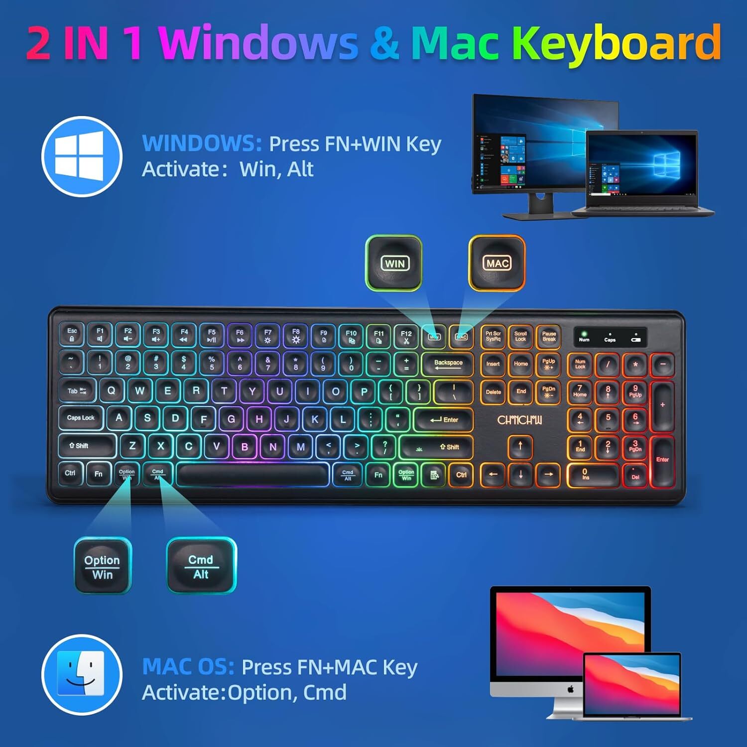 Wireless Keyboard Mouse Combo RGB LED Silent Rechargeable 2.4GHz for PC Mac PS5