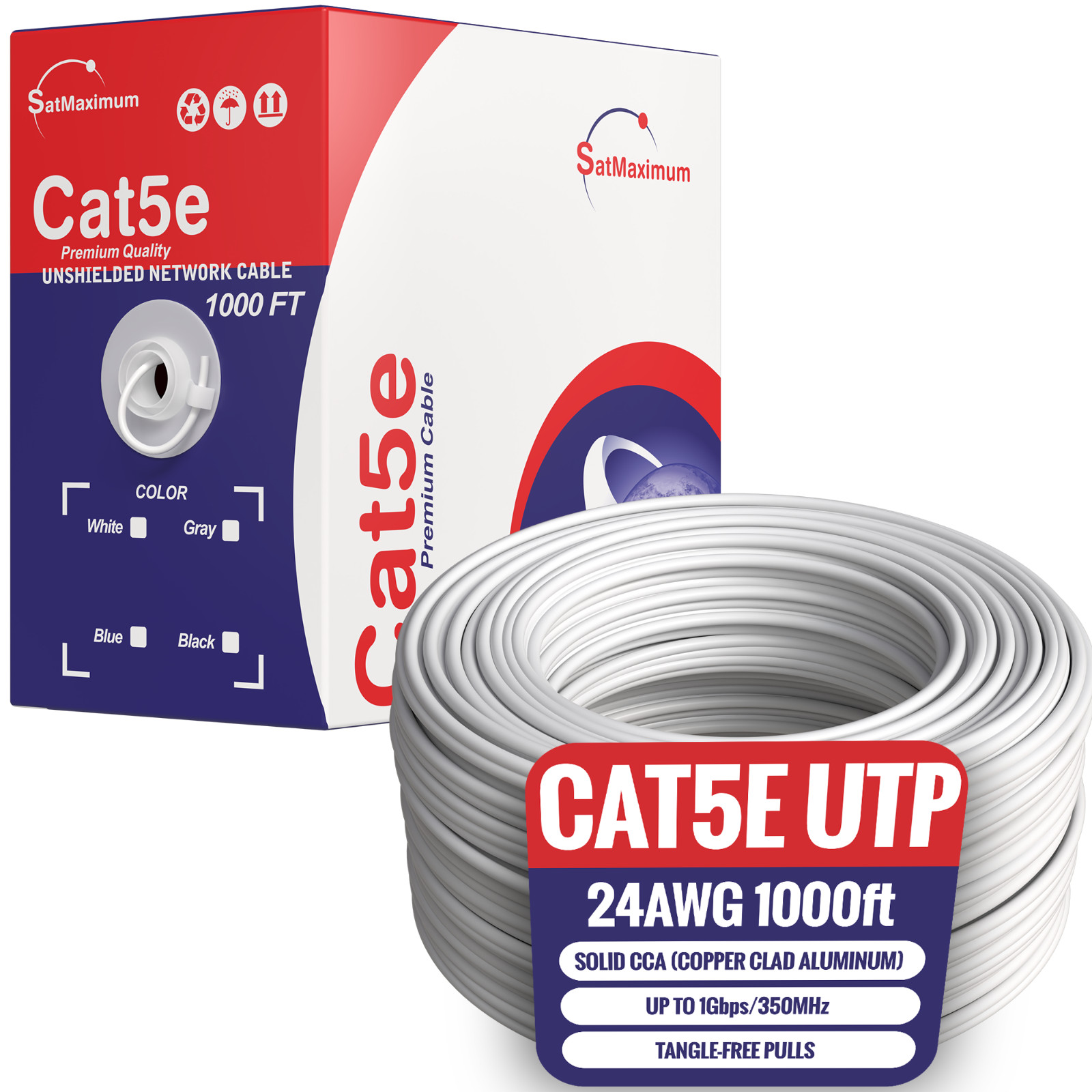 Cat5e 1000ft cable UTP Solid White LAN Network Ethernet RJ45 Bulk CAT5 24 AWG