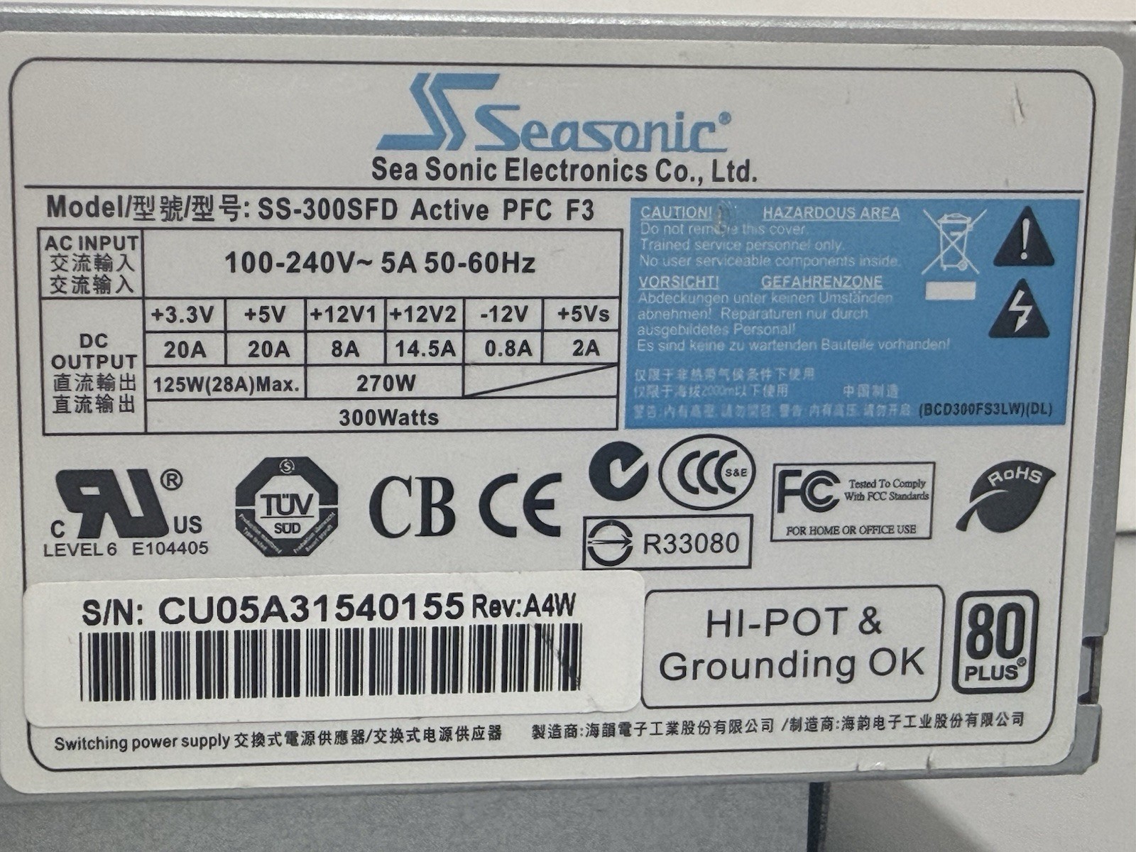 Sea Sonic 300W 20+4 Pin Desktop Power Supply SS-300SFD Active PFC F3
