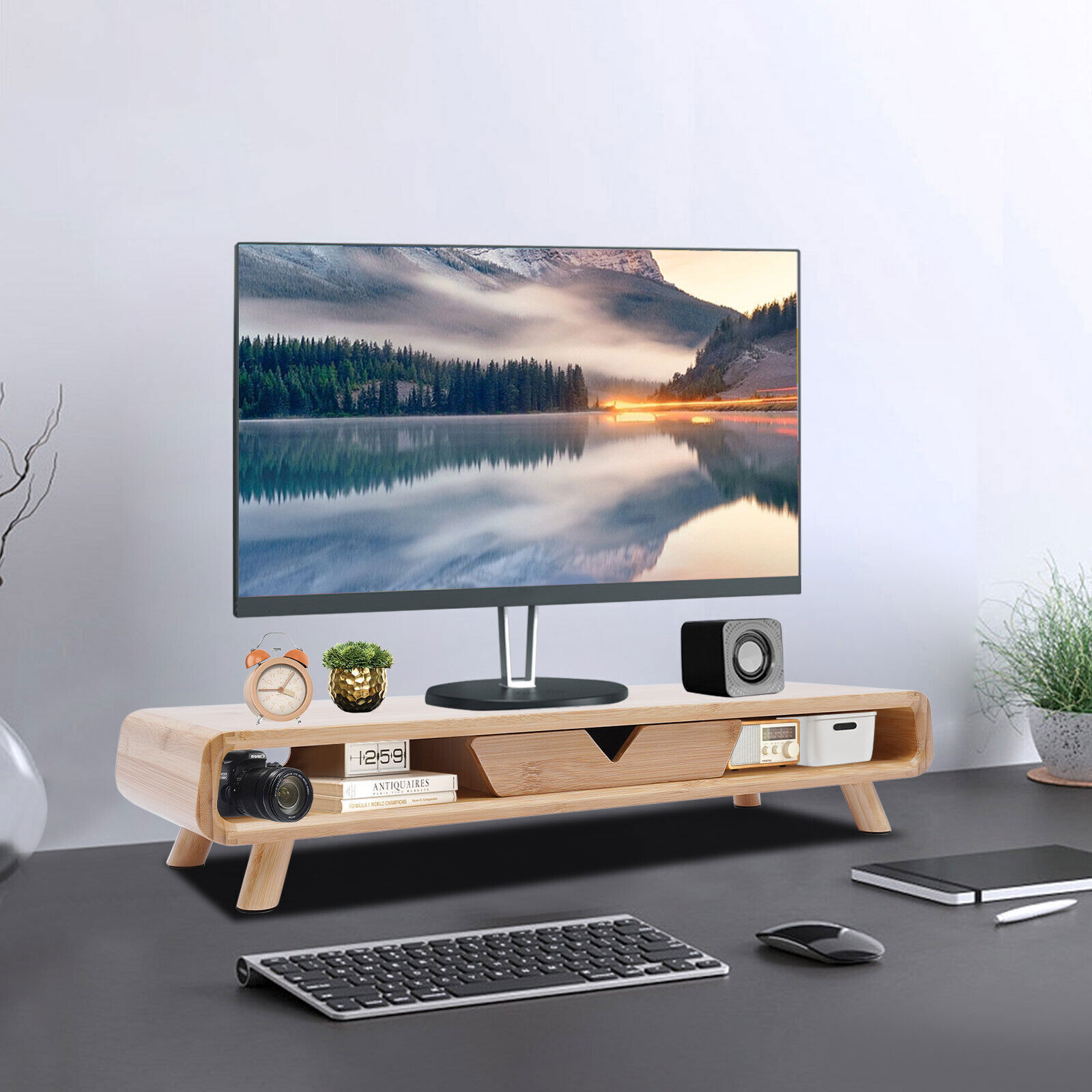 24in Bamboo Monitor Stand W/ Drawer Back Baffle Desktop Stand Riser 4.5in Height