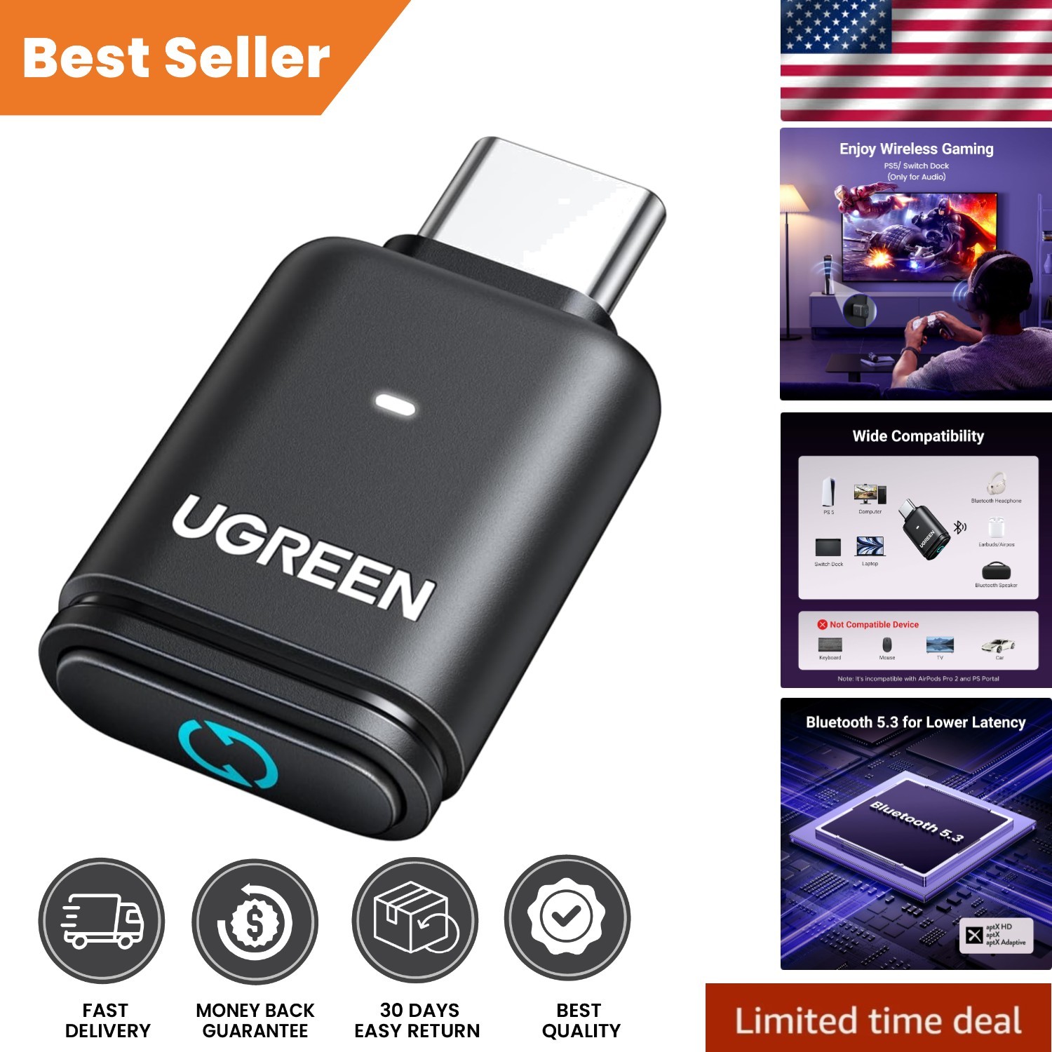 Green USB-C Bluetooth Adapter – Low Latency 5.3 Transmitter for PS5 and More