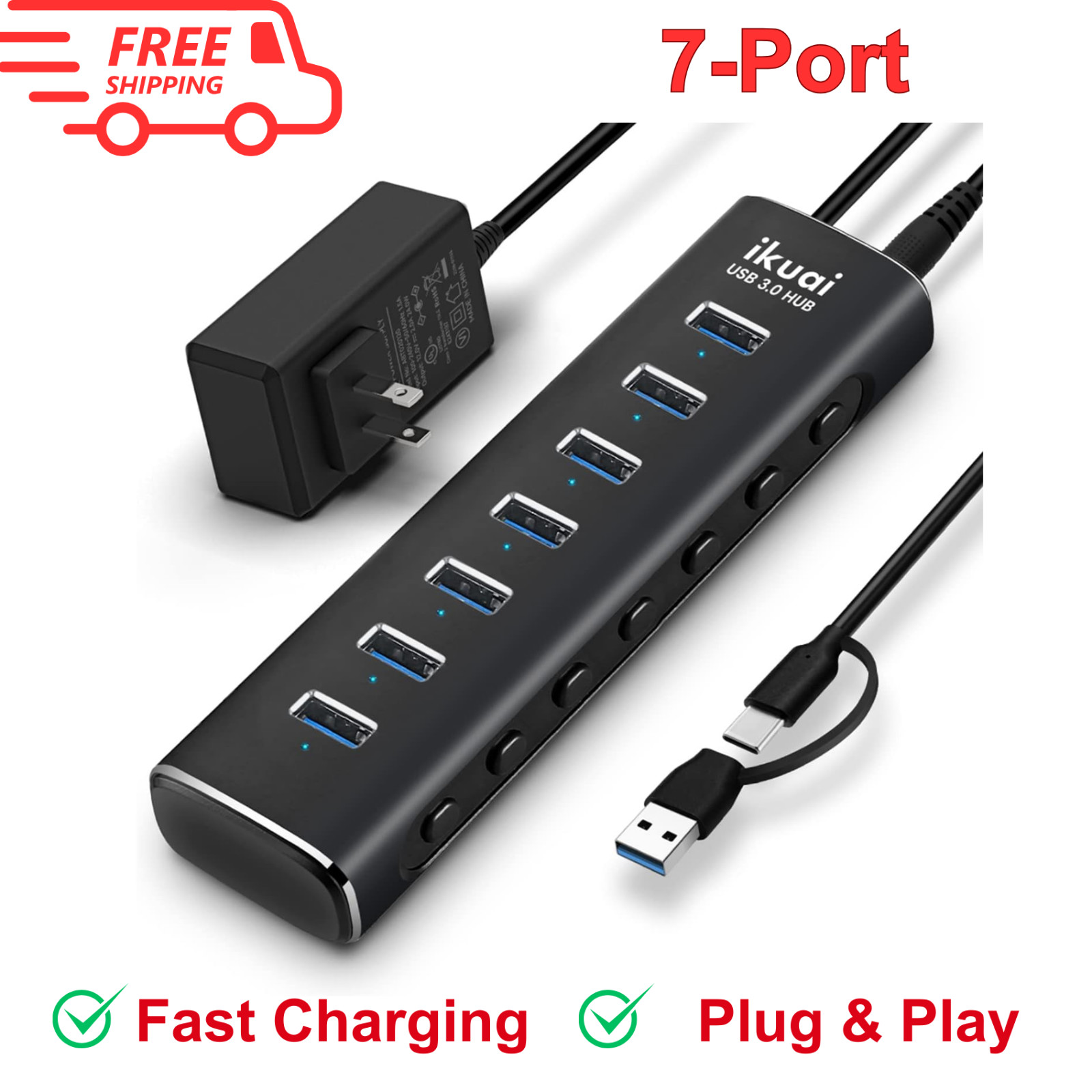 Powered USB 3.0/USB C Hub, Aluminium 7-Port USB Hub Splitter with AC Adapter LED