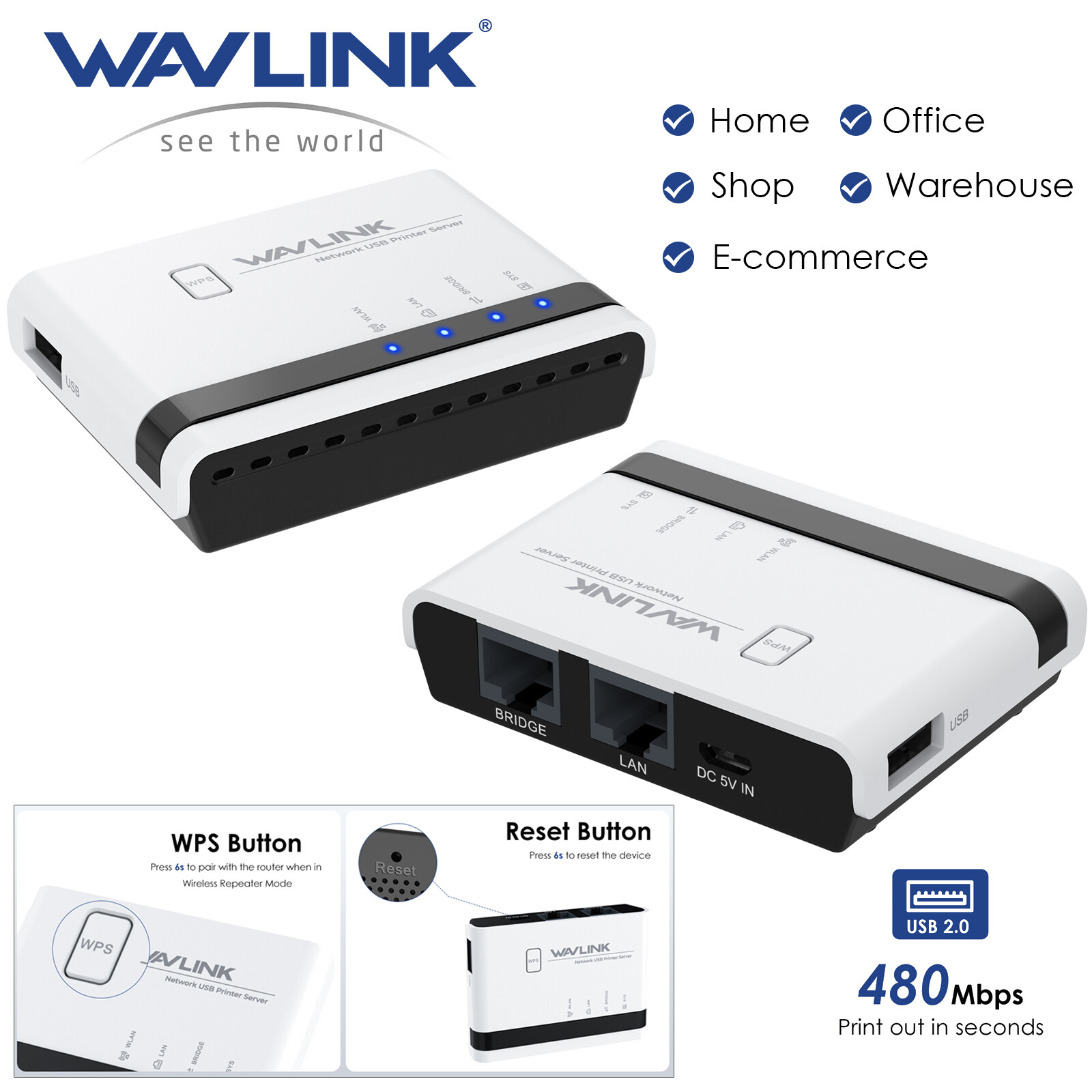 480Mbps USB 2.0 Wireless Printer Adapter Server WiFi 10/100Mbps LAN/Bridge