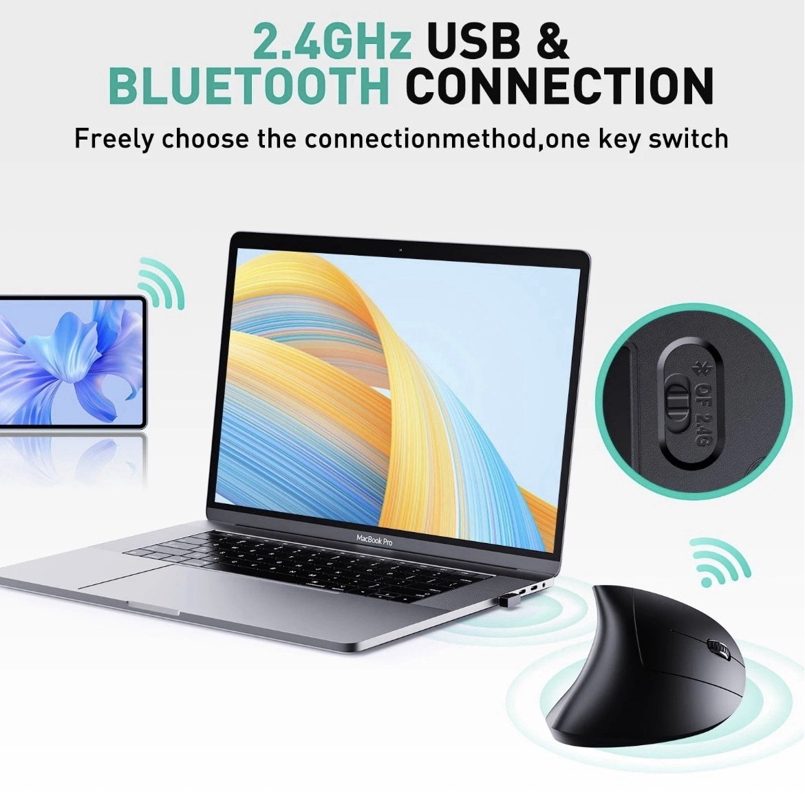 Bluetooth and 2.4G 2-in-1 Wireless Mouse, Ergonomic Vertical Design, 1000/120…