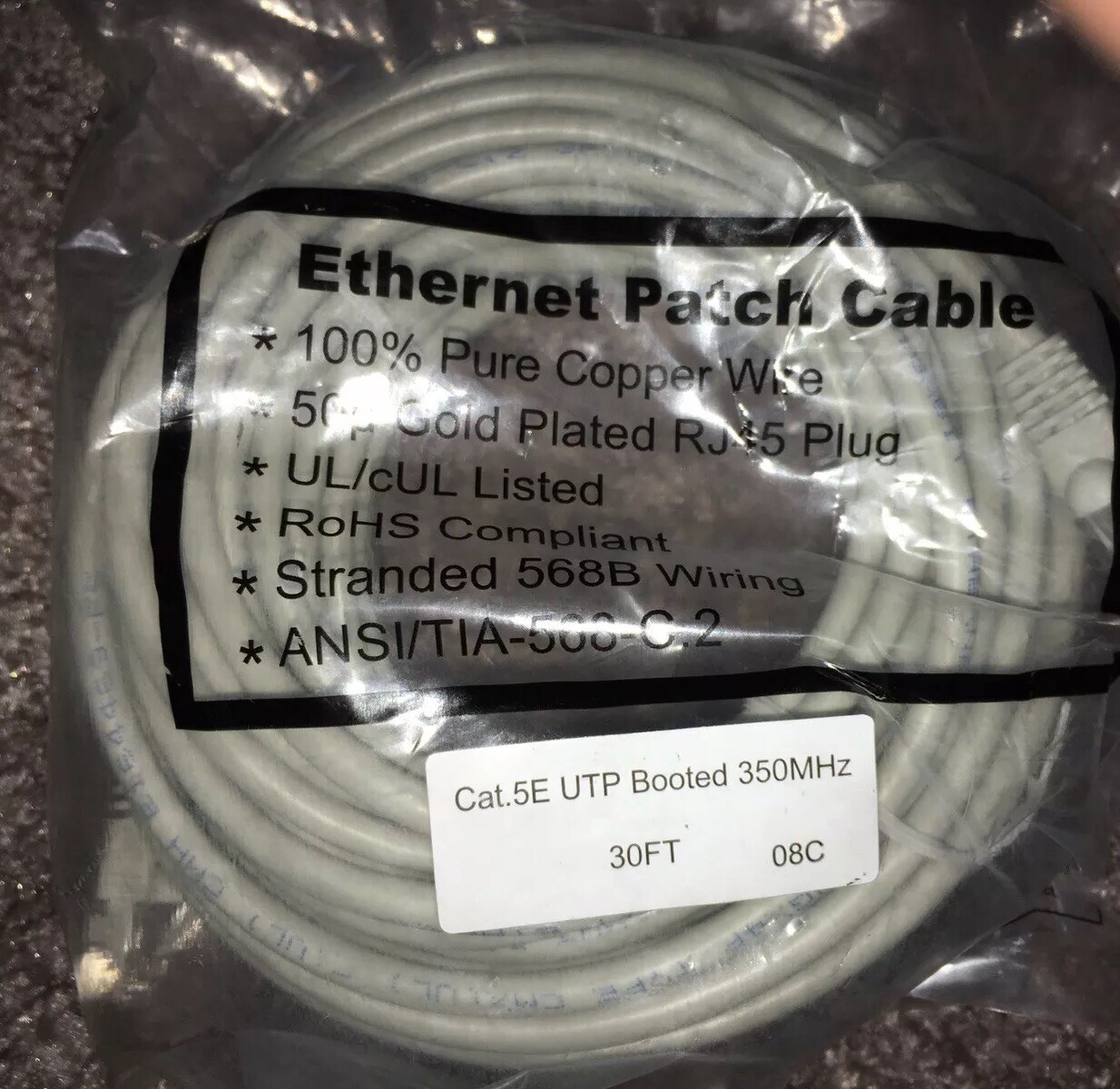 Cat5e Ethernet Patch Cable RJ45 Stranded 350Mhz UTP Copper Wire 30ft Gray