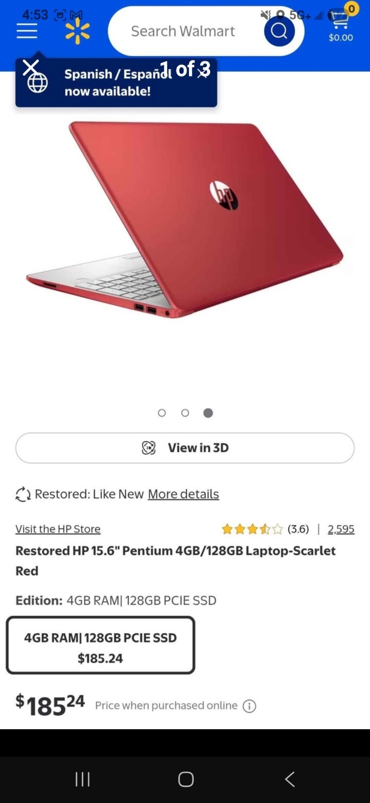 HP 15 15.6in Laptop Intel Pentium 4GB RAM 128GB SSD Red