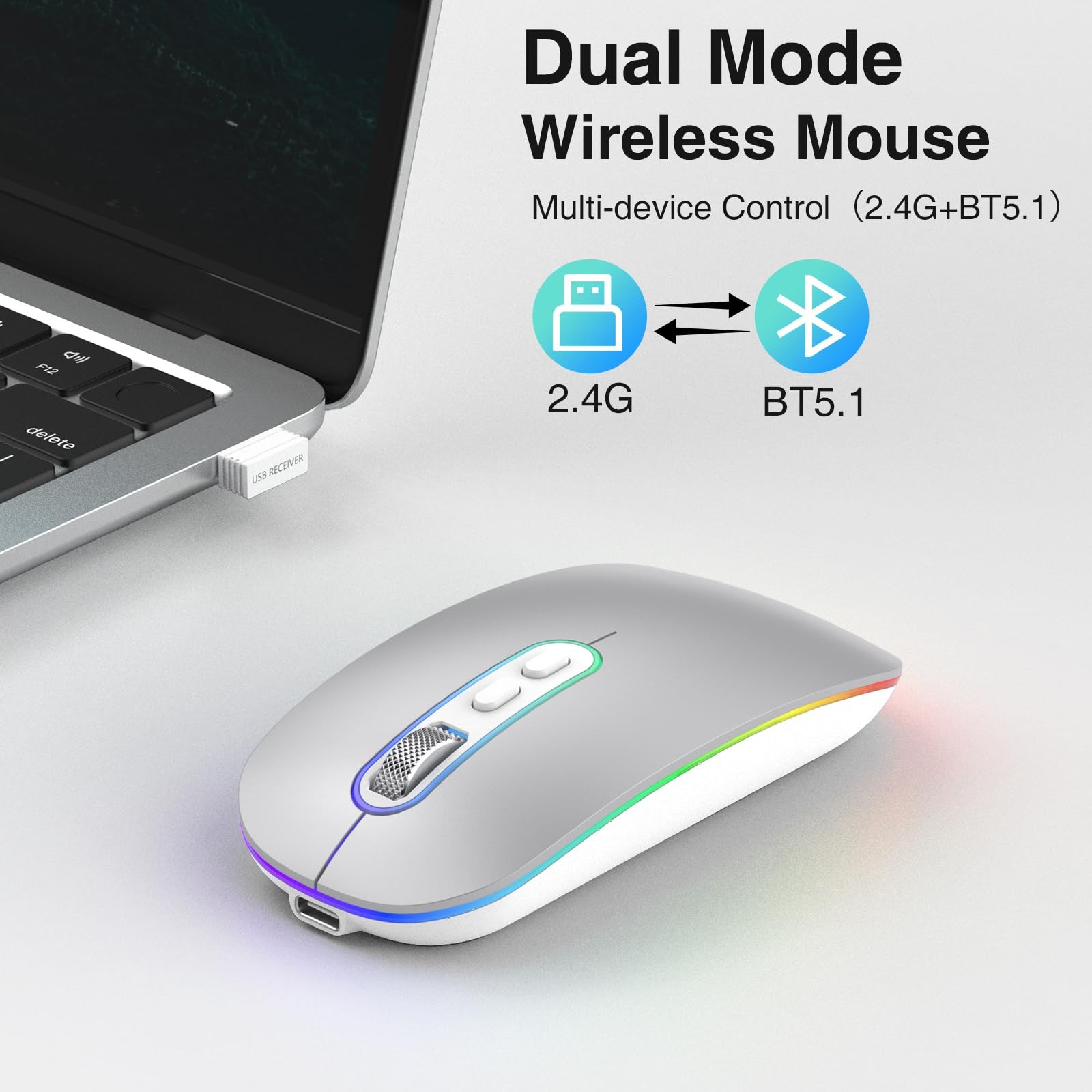 Rechargeable 2.4G BT Wireless Slim Mouse 1600 DPI USB Receiver Mac PC Laptop