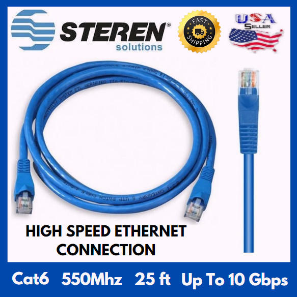 STEREN CAT6 25 ft High Speed Ethernet Cable, Up To 10 Gbps RJ45 Patch Cord, Blue