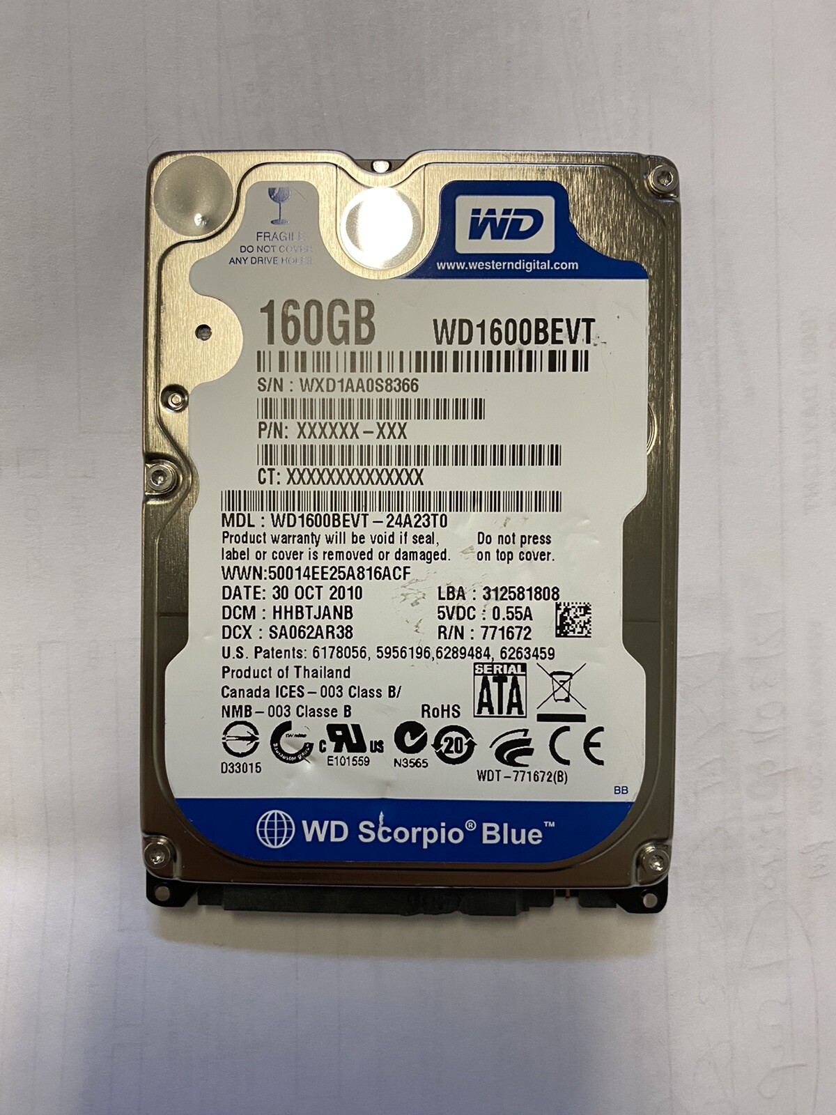WD 160GB WD1600BEVT 5400RPM 8MB SATA 2.5″ Laptop HDD Hard Disk Drive BLUE