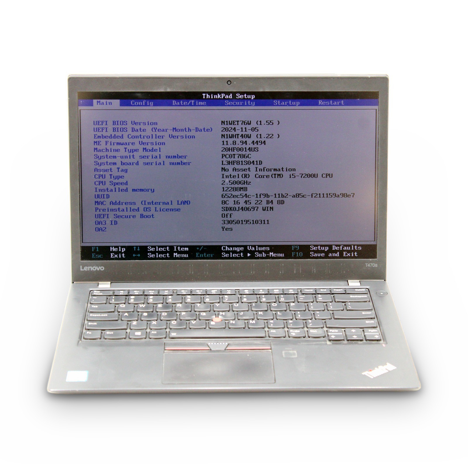 Lenovo ThinkPad T470S 14in i5-7200U 2.5GHz 12GB RAM FHD No OS, Drive, Power Cord