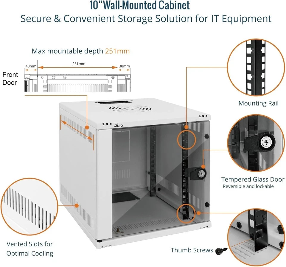 10″ Wall Mount 6U Network Cabinet – 110Lbs Capacity, White Server Rack Set