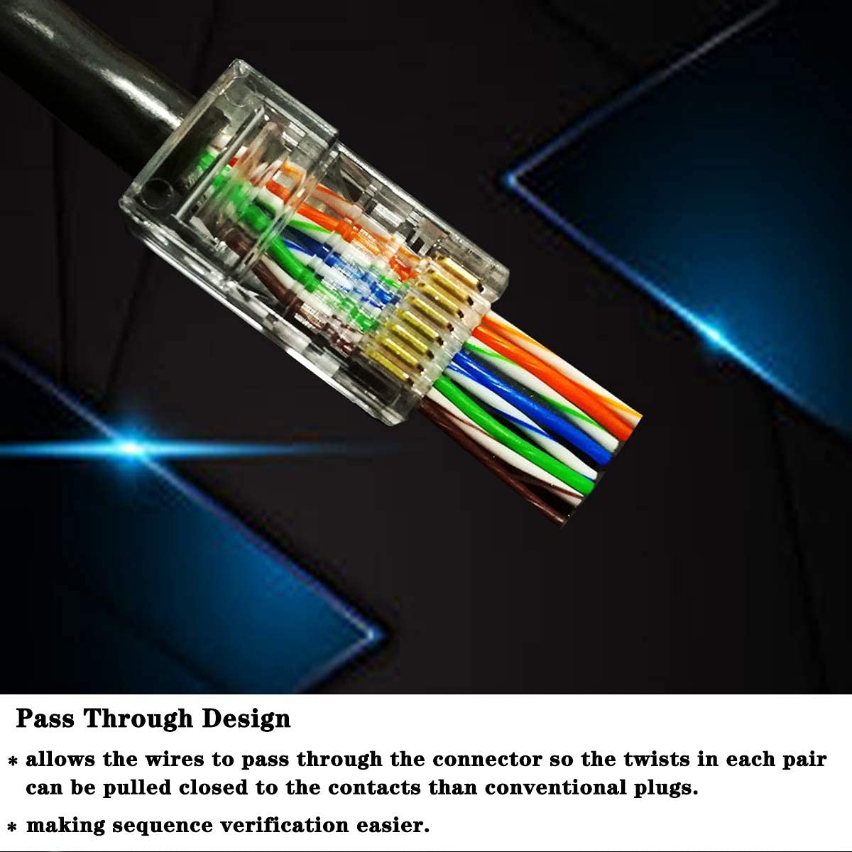 100-Pack Gold Plated RJ45 Cat6 Pass-Through Connectors – 8P8C Ethernet Plugs