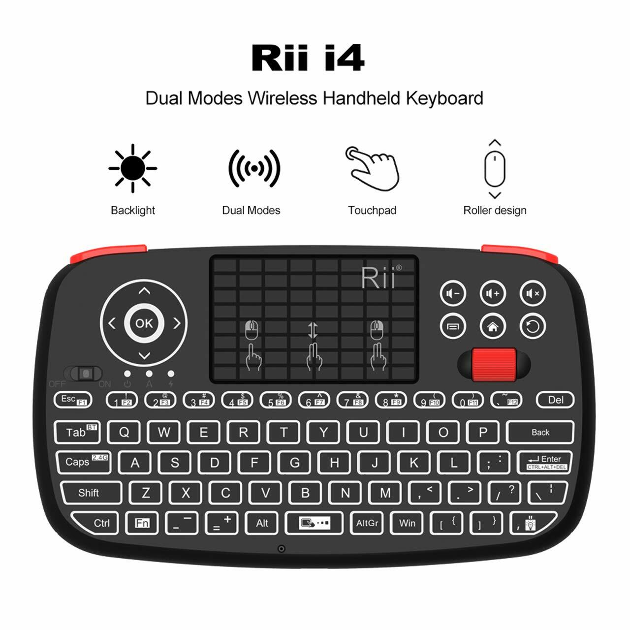 Rii i4 (Bluetooth + 2.4GHz) Blacklit Portable Mini Keyboard with Scroll wheel