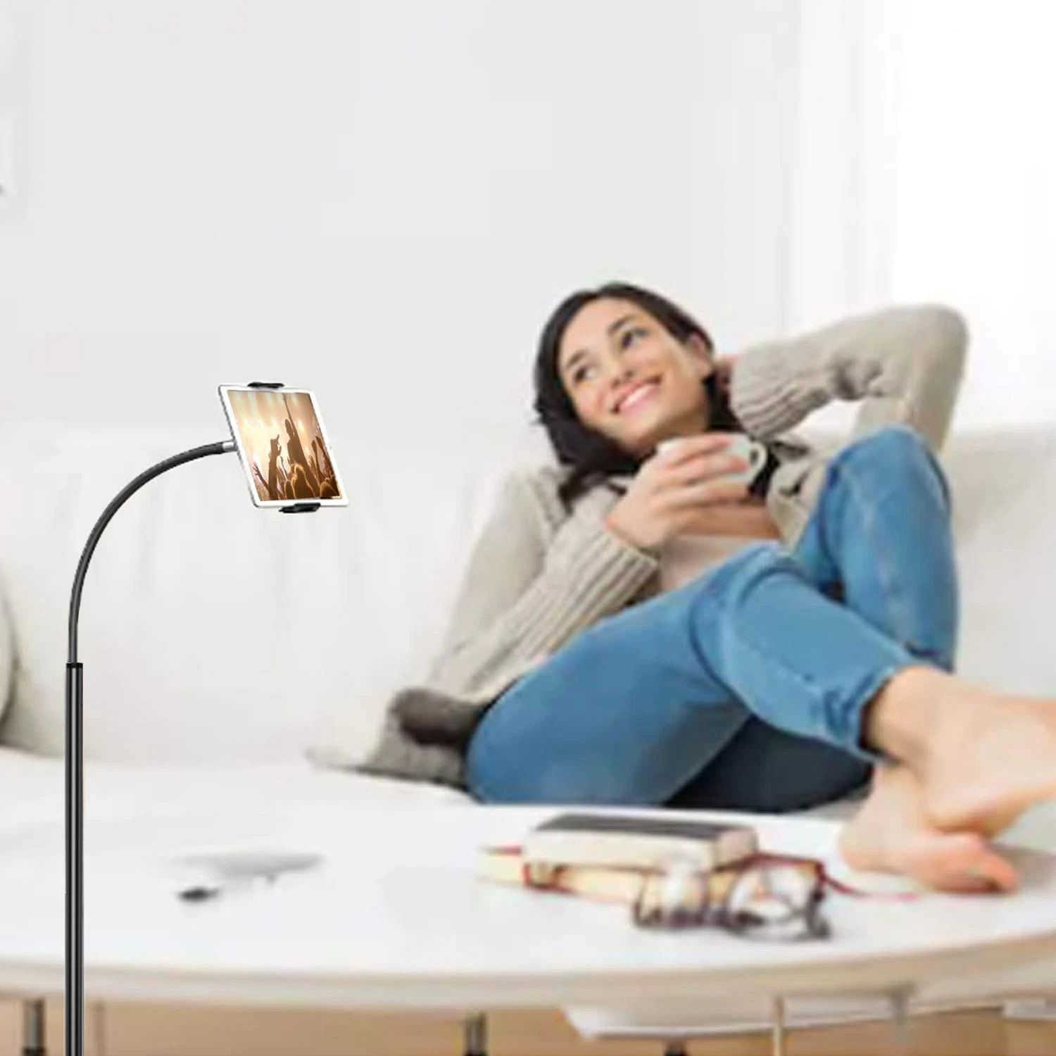 Tablet Floor Stand with Gooseneck, 360° Rotation for 3.5-9.7″ Devices, Black