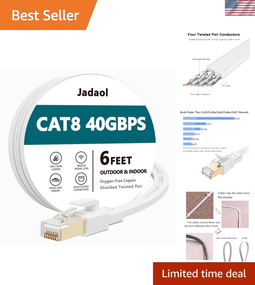 6ft Cat 8 Flat Ethernet Cable – 40Gbps Data Transfer, Tangle-Free, Gold-Plated