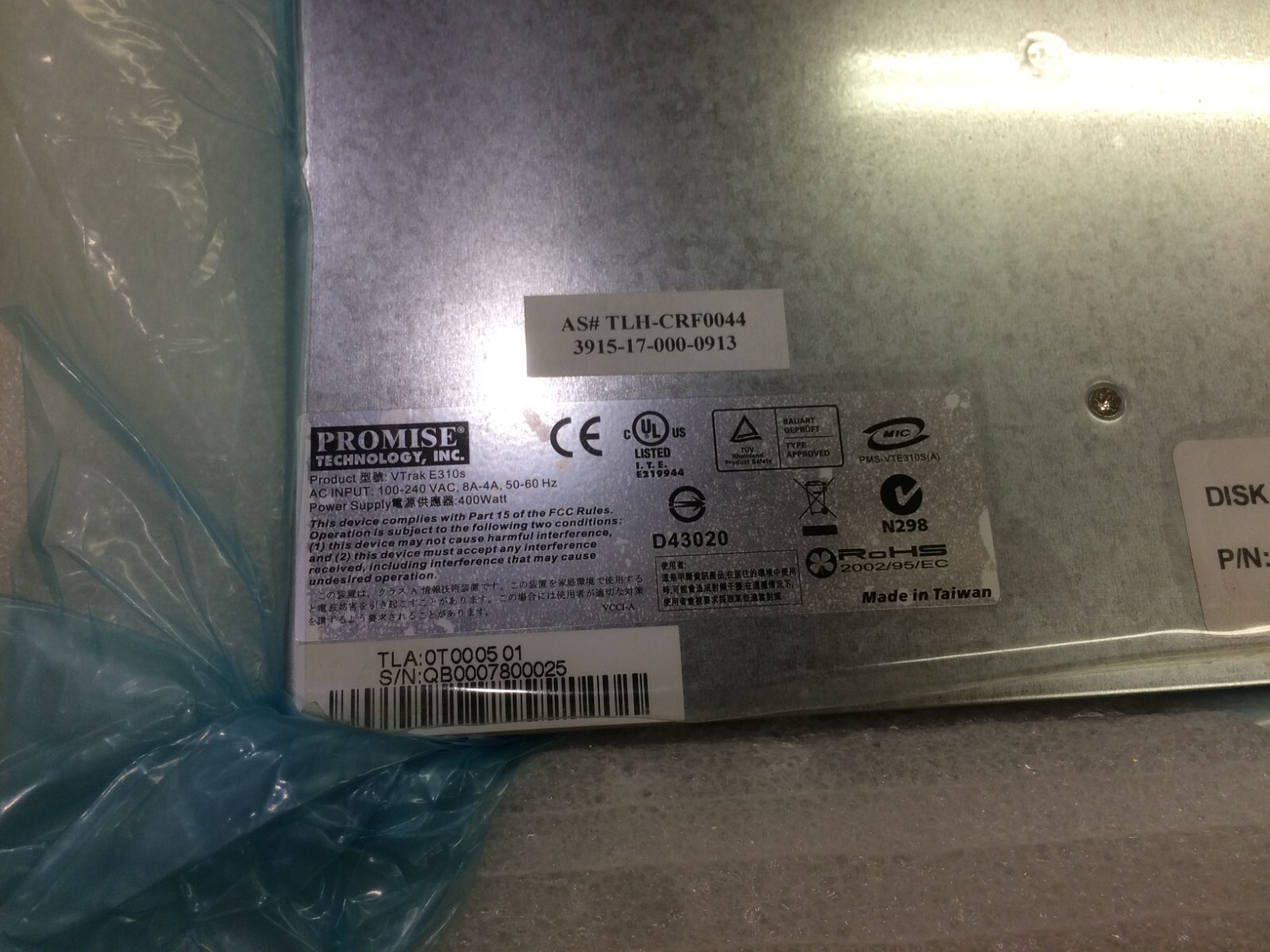 PROMISE TECHNOLOGY VTRAK E310S 12 BAY CAPACITY-8 500GB HARDRIVES INSTALLED