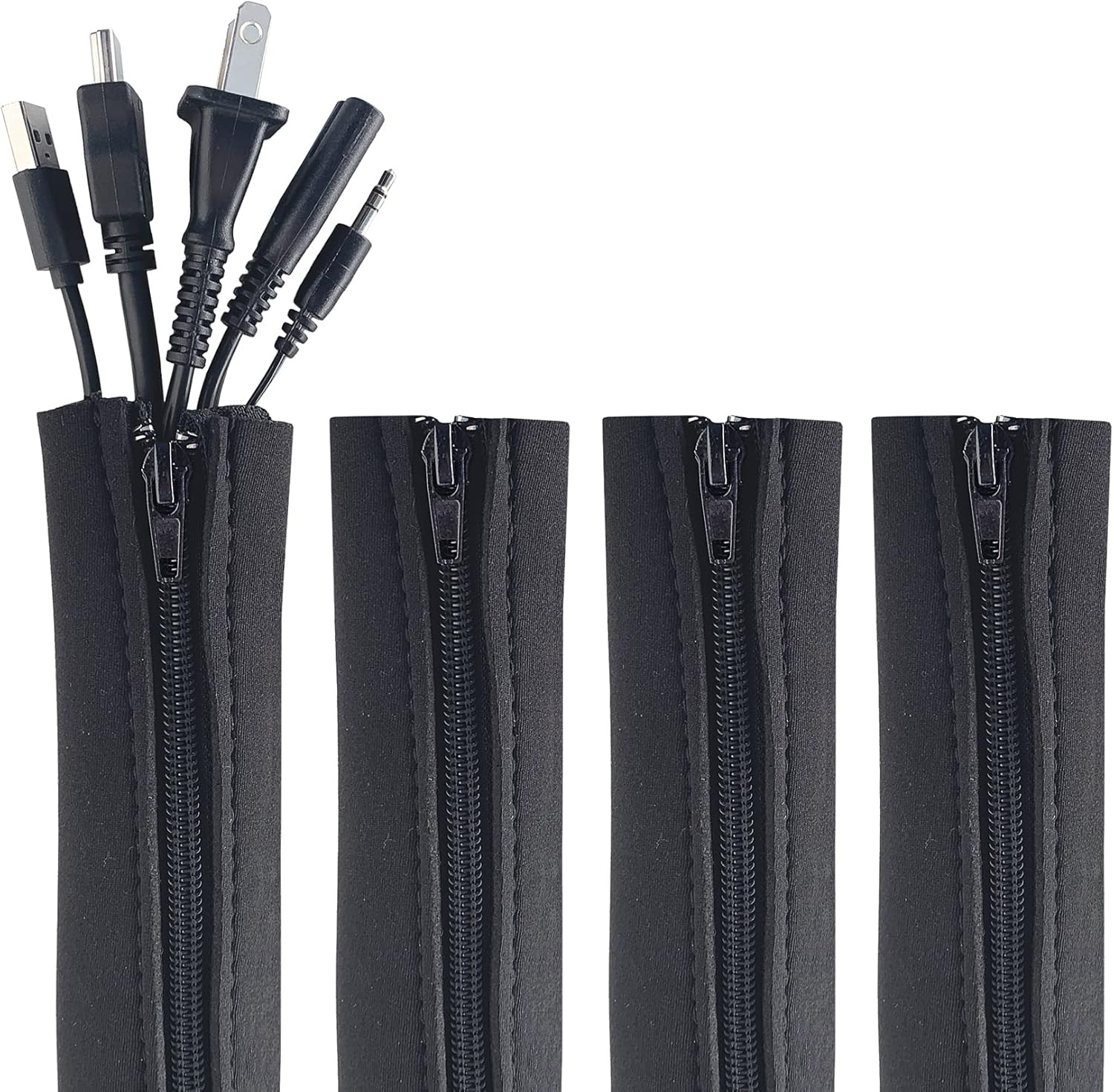 Zipper Cable Sleeve Cord Organizer Wire Cover 24 Inch 4 Pack Black Desk TV Cable