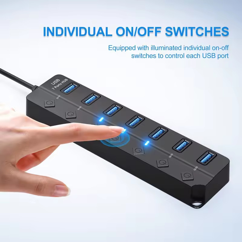 7 Port USB 3.0 Hub Splitter Adapter On/Off Switch High Speed For PC Laptop Mac
