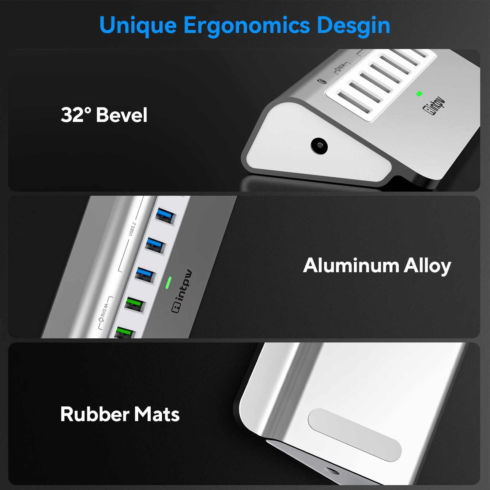7 Port USB 3.2 Gen 2 Powered Hub 10Gbps 4 Data 3 Fast Charging Aluminum