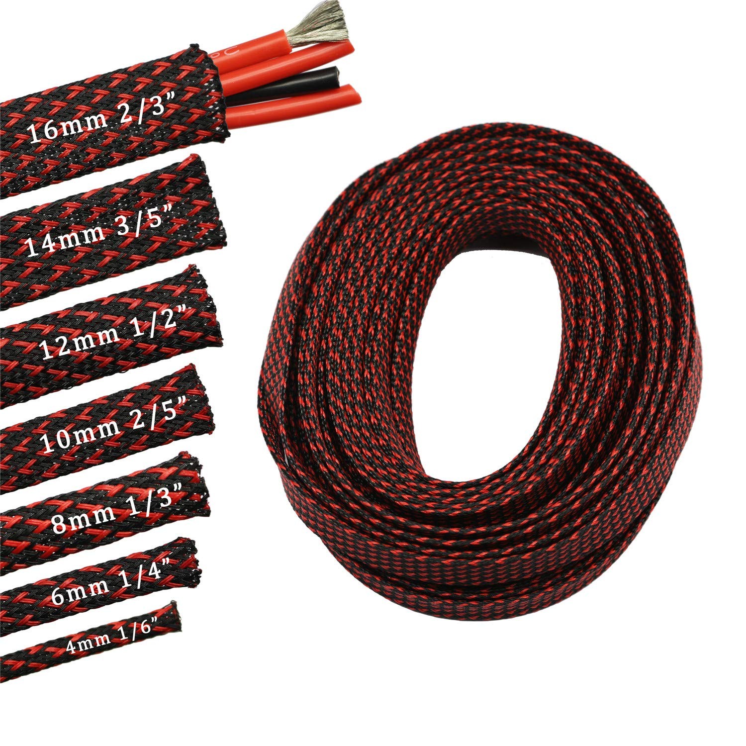 30ft PET Expandable Sleeving Wire Cable Sleeve (1/6″, Red&Black)