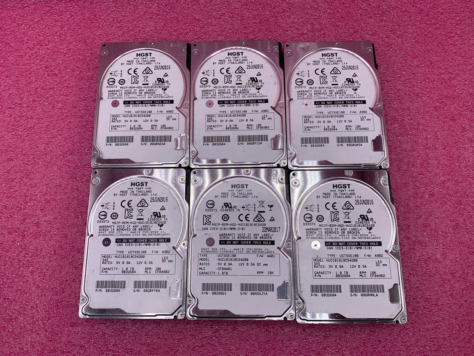 LOT OF 6 HGST 1.8TB HUC101818CS4200 10K 12gbps 2.5″ SAS Hard Drive F/W:A902 AA01