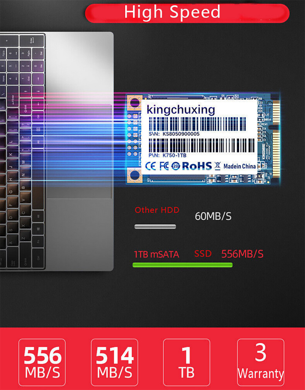 Kingchuxing 128GB mSATA III SSD Internal Solid State Hard Drives Laptop 550MB/s