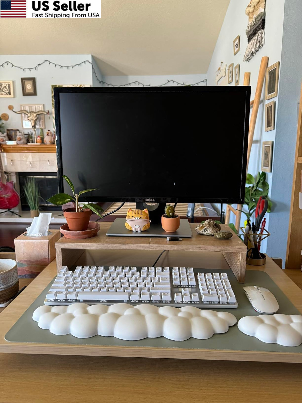 JIKIOU Upgrade Leather Cloud Keyboard Wrist Rest, 16.9×4.3×0.82in, 01white