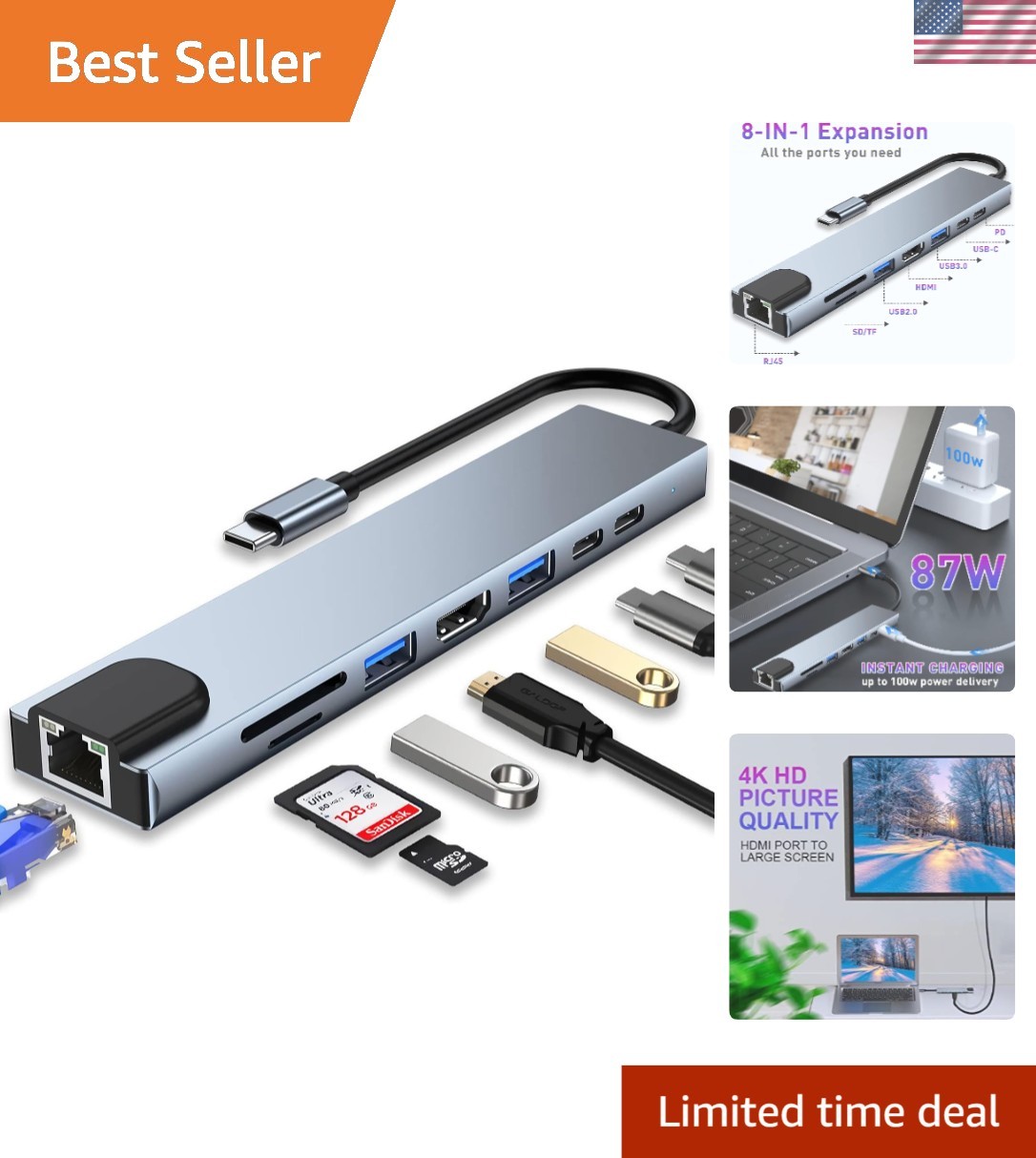 Multi-Function USB-C Hub 8-in-1: Experience 4K Visualization & Power Charging