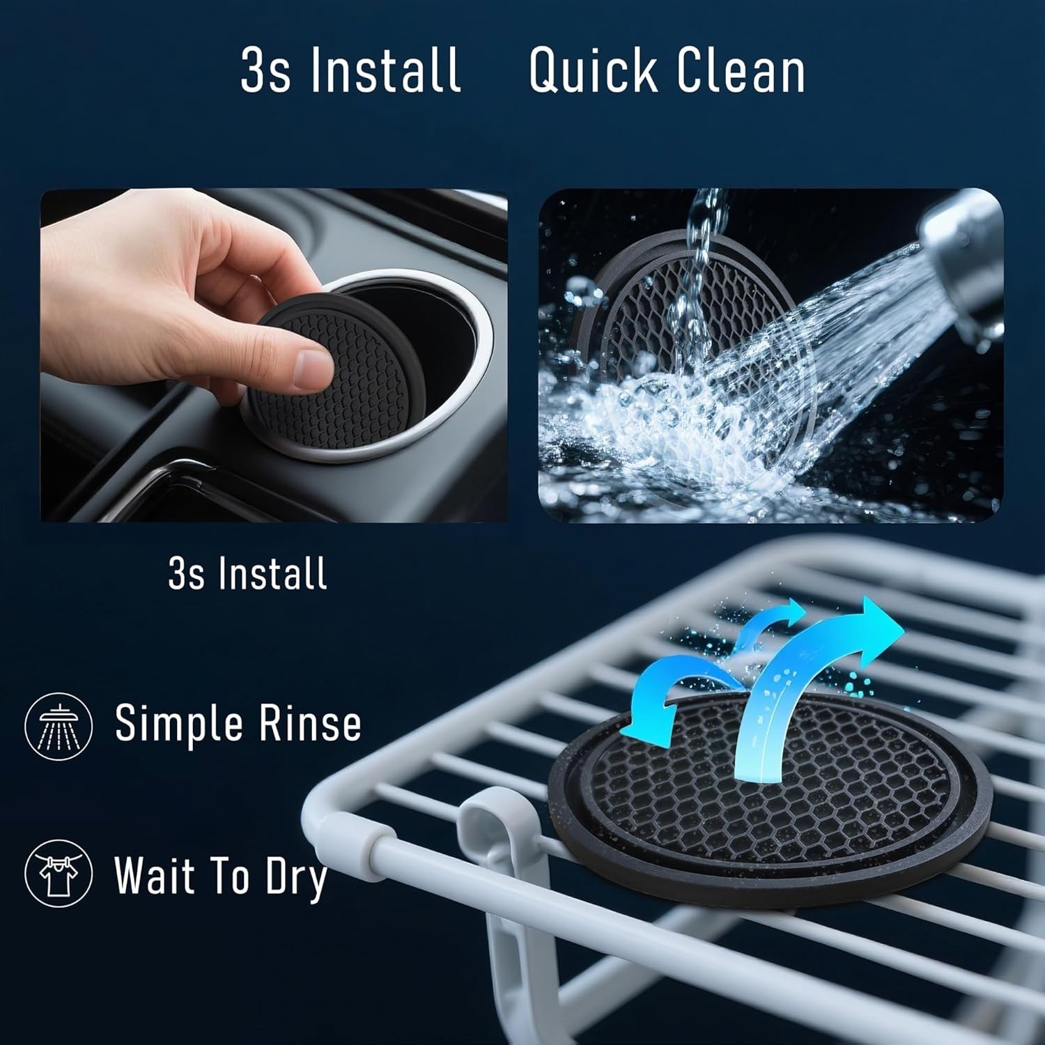 Car Cup Holder Coaster 4 Pack – Non Slip & Shockproof,Flexible PVC Rubber Insert