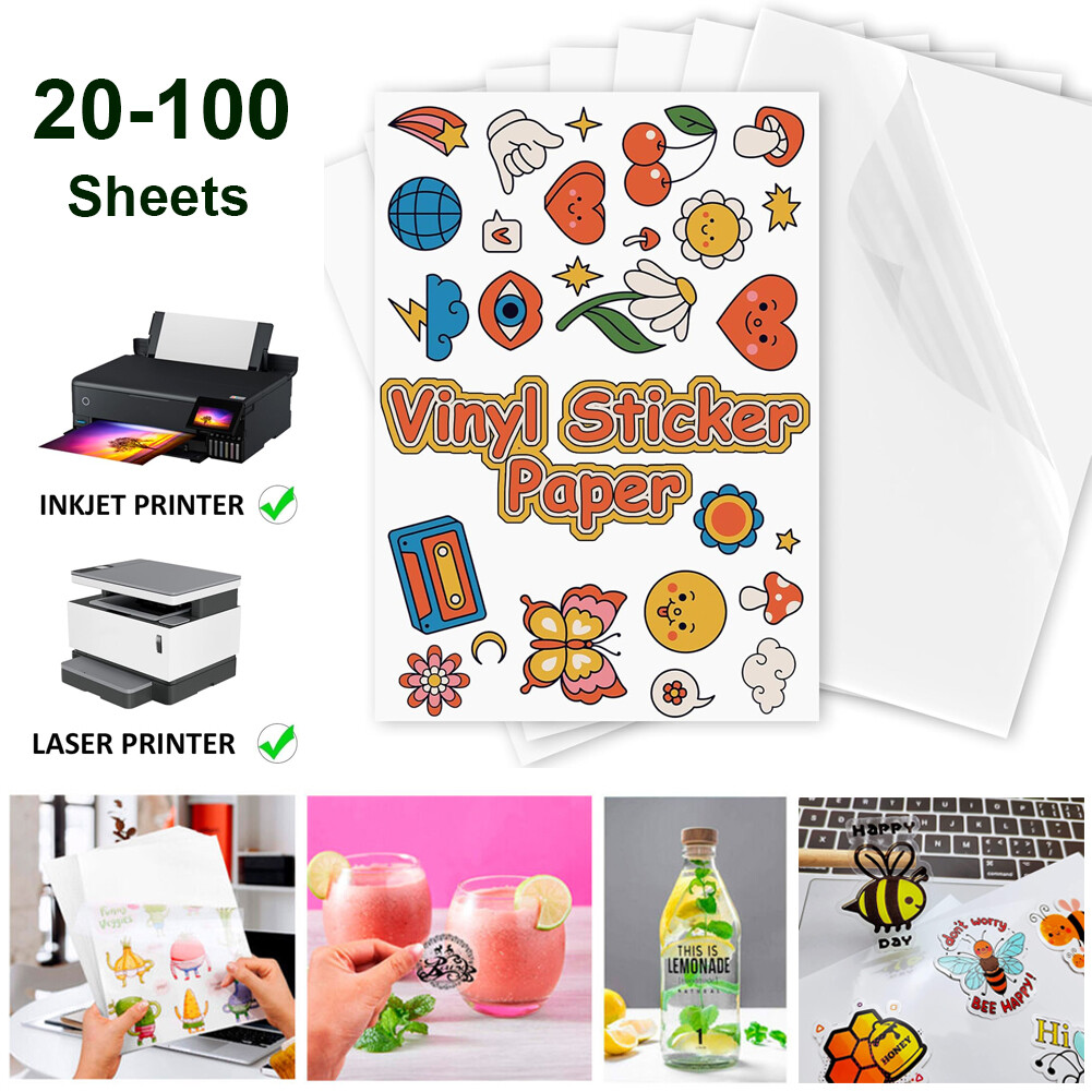 20-100 Sheet Clear Printable Vinyl Sticker Paper 8.5×11 for Inkjet Laser Printer