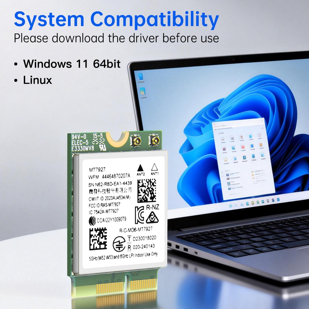 MT7927 Wi-Fi 7 Bluetooth 5.4 M.2 2230 Card 802.11be Tri-Band for PC Win11/Linux
