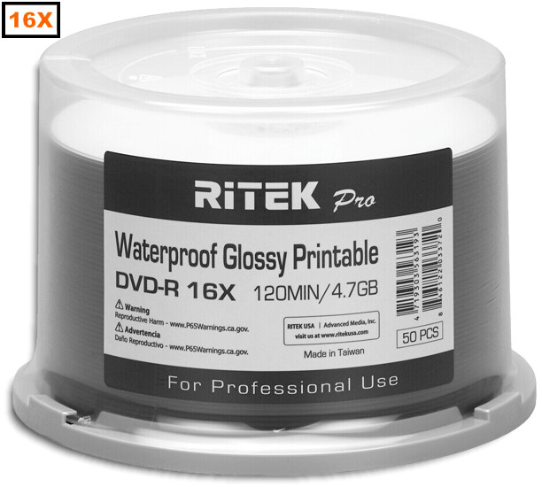 100-Pak RITEK PRO Waterproof GLOSSY White Inkjet Hub 16X 4.7GB DVD-R’s
