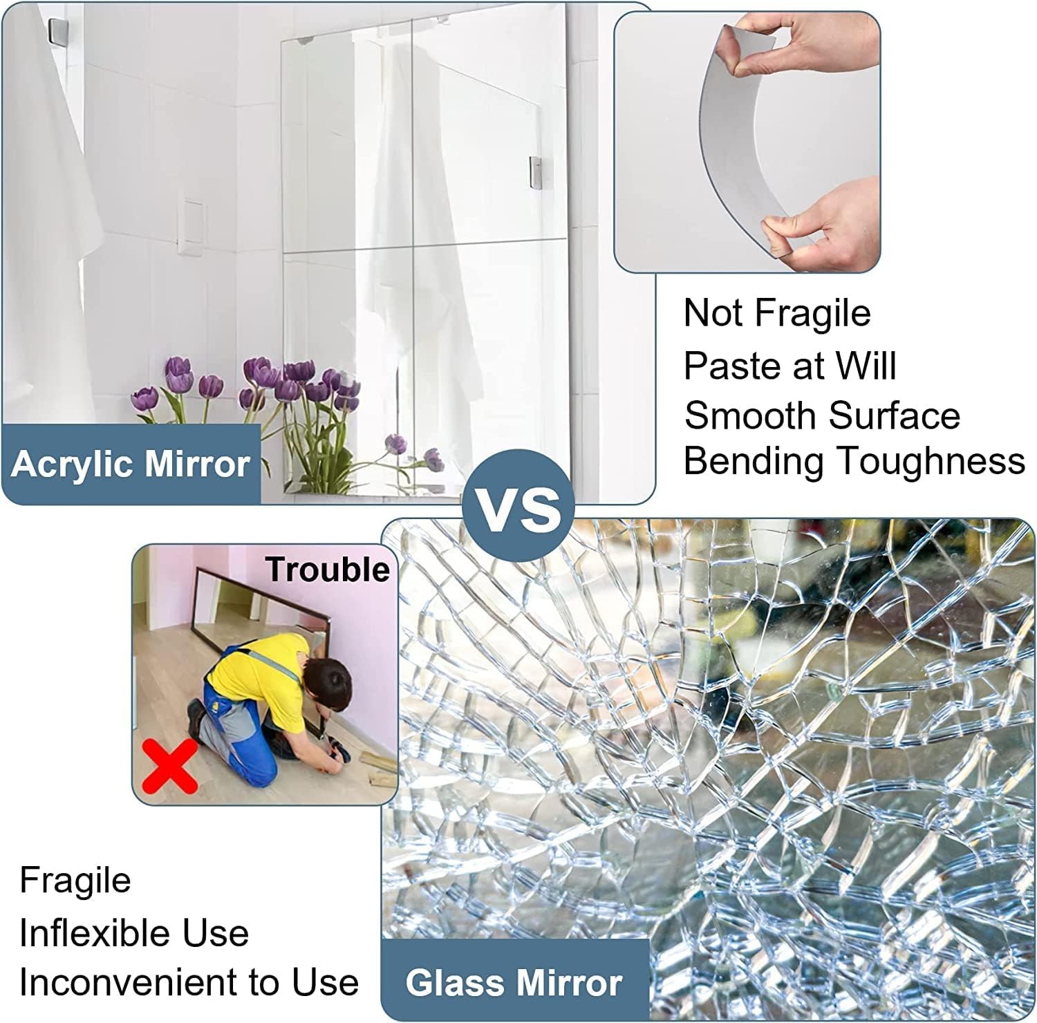 Mirror Tile Reflective Wall Stickers Self Adhesive Film Paper Kitchen Home Decor