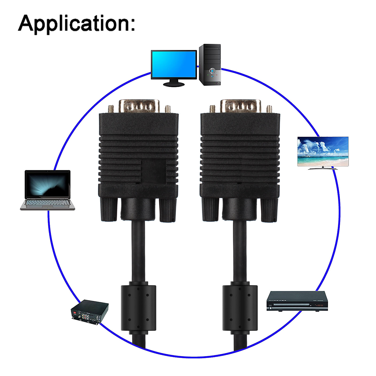 30ft VGA SVGA D-Sub Male to Male Monitor Cable for PC TV Projector LCD M/M 15pin