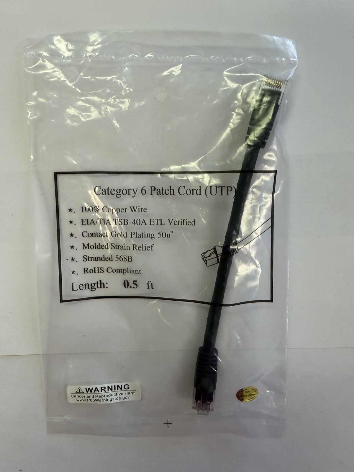 Category 6 Patch Cord UTP Length 0.5 ft Gold Plated Contacts