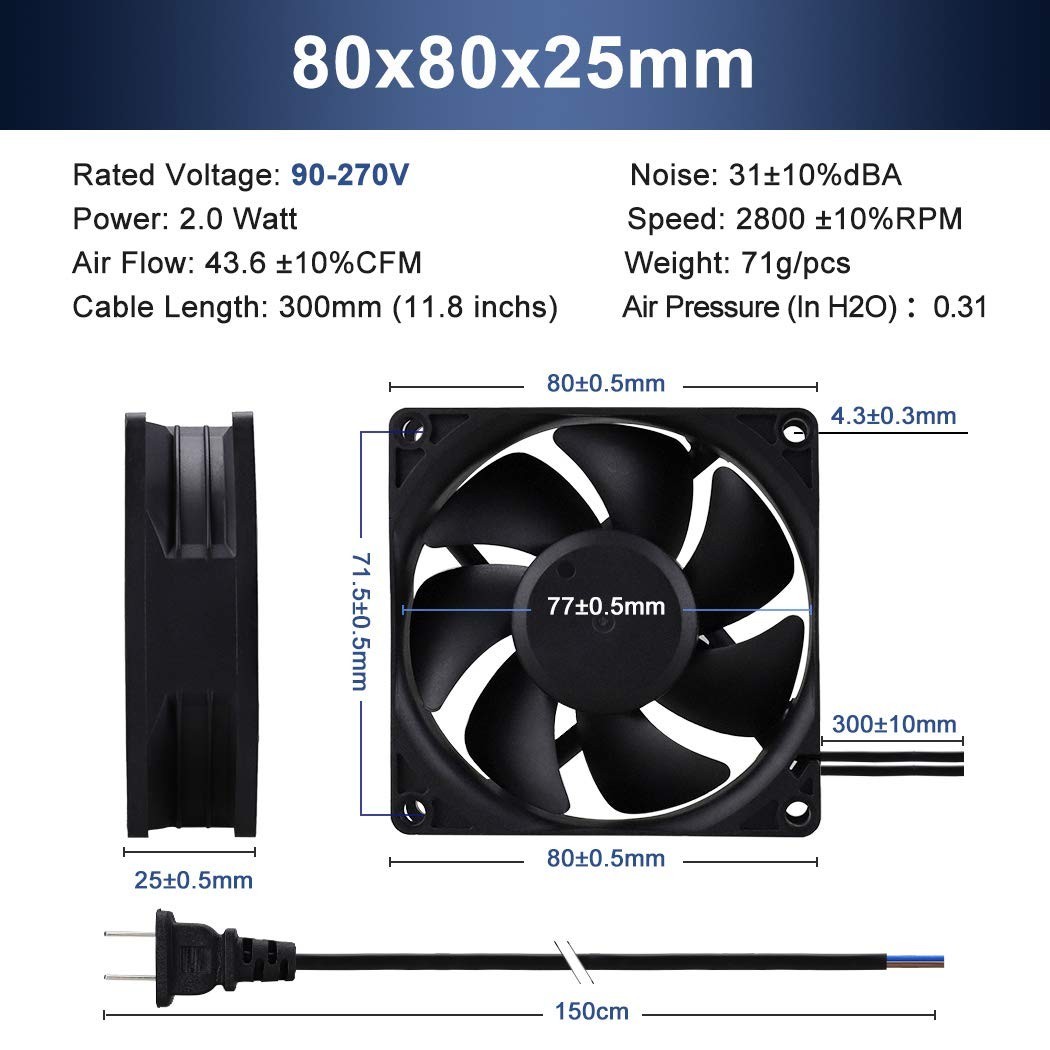 80mm EC Axial Fan AC 110V 120V Brushless Cooling Fan 80mm x 25mm | Dual Ball,…