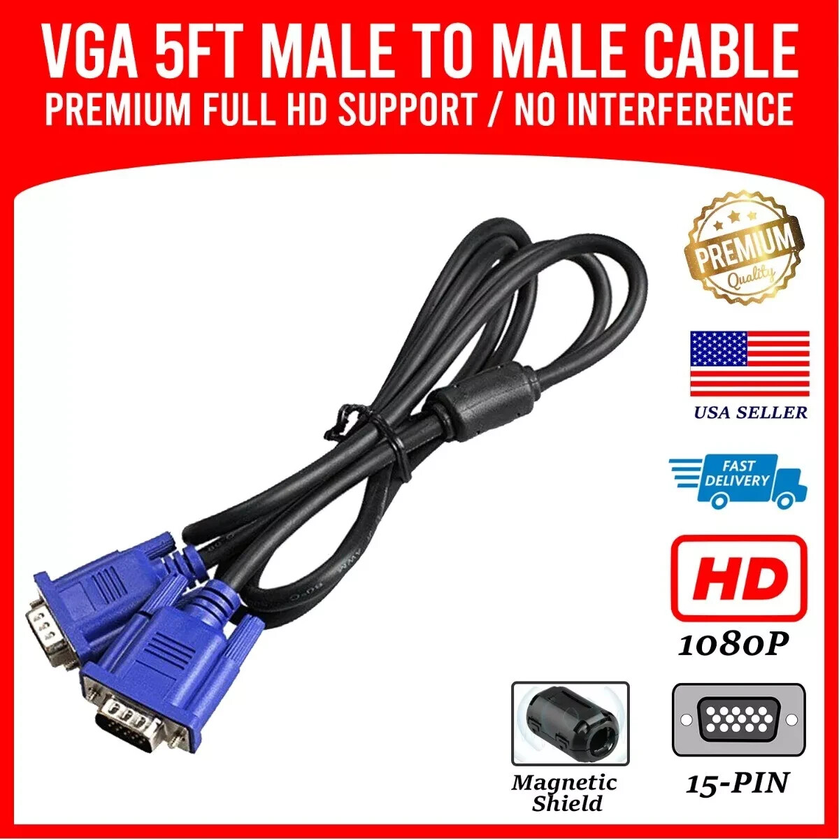 5ft SUPER VGA Monitor 15PIN M/M Male To Male Cable CORD FOR PC TV HDTV Blue Us