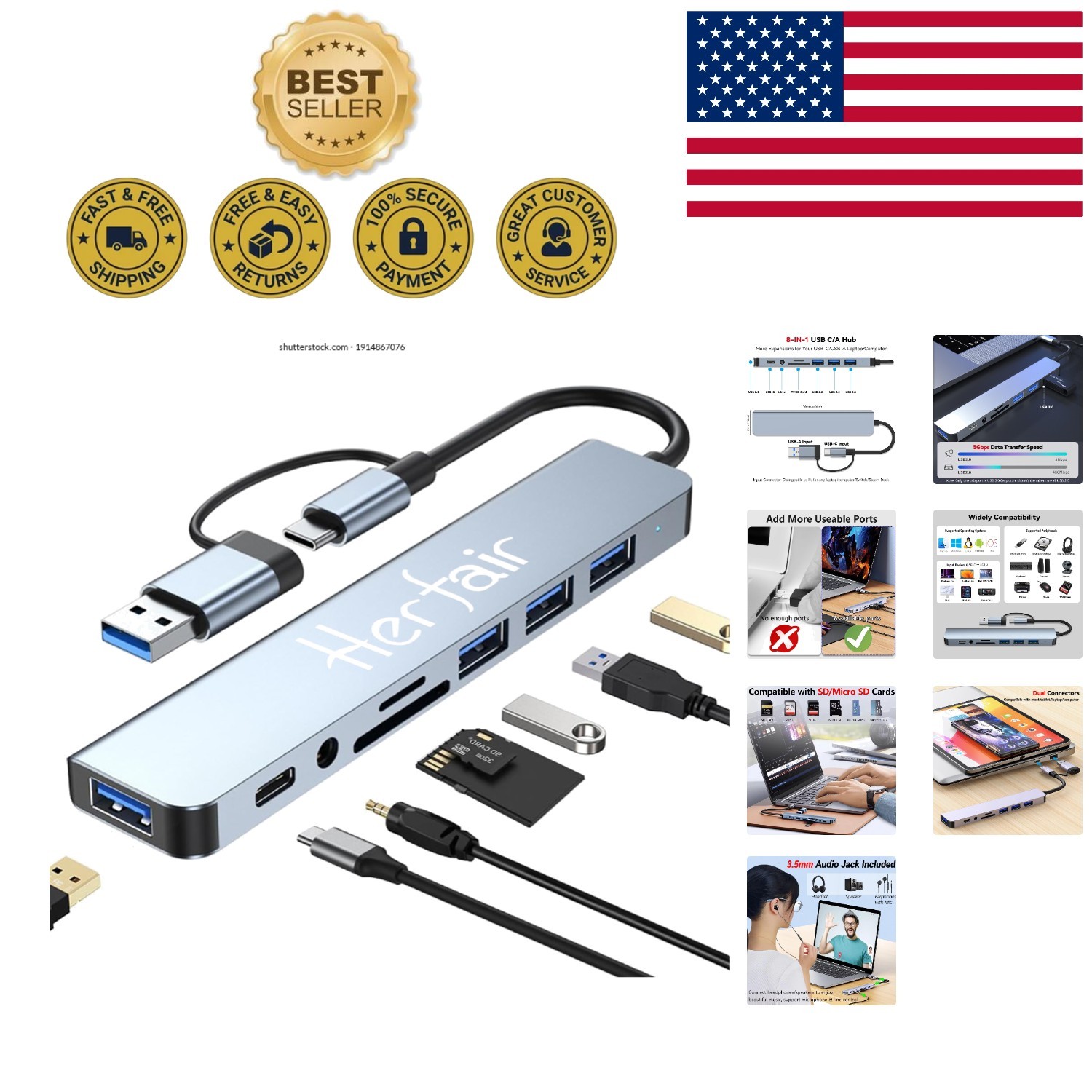 Stylish USB 3.0 Hub with SD Card Reader – 8-Port Multiport Dongle for Mac & PC