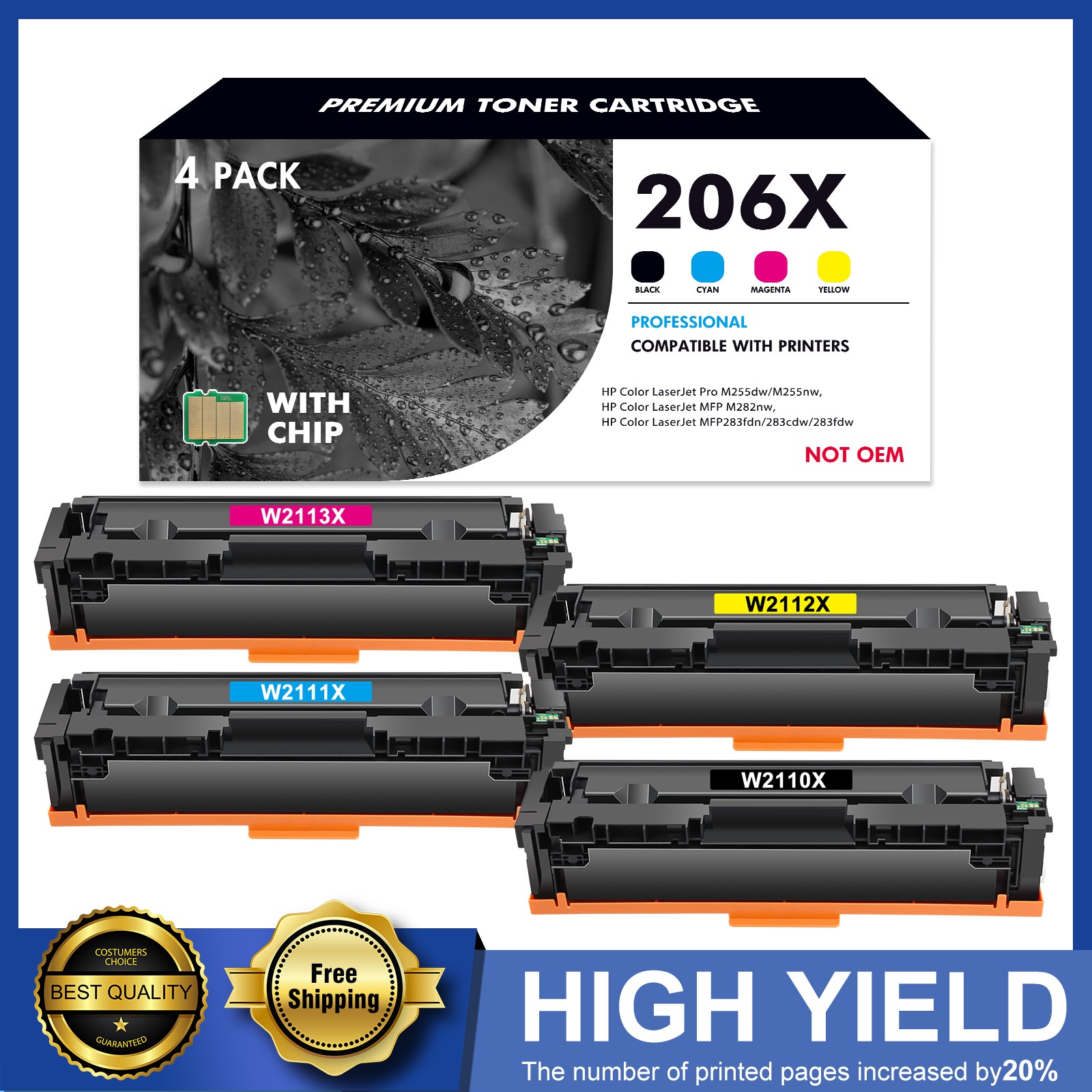 With Chip 206X Toner fits For HP 206X Color Laserjet Pro M283fdw M283cdw M255dw