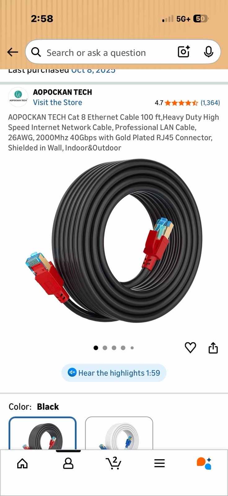 2 for 1 AOPOCKAN TECH Cat 8 Ethernet Cable 100ft 26AWG Shielded High Speed
