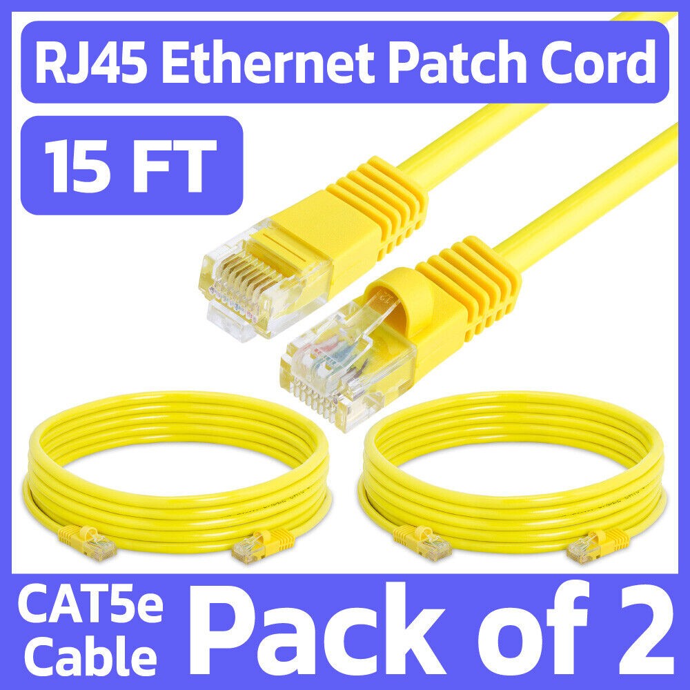 2 Pack Cat5e Patch Cord Yellow 15 Feet Lan Ethernet Cable Network Internet RJ45