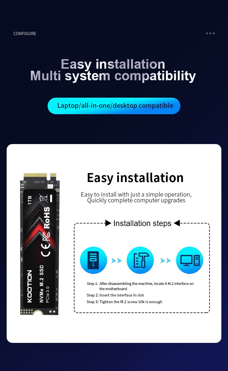 Kootion 1TB Internal Solid State Drive PCle 3.0 NVMe M.2 Drive Data to 2000MB/S