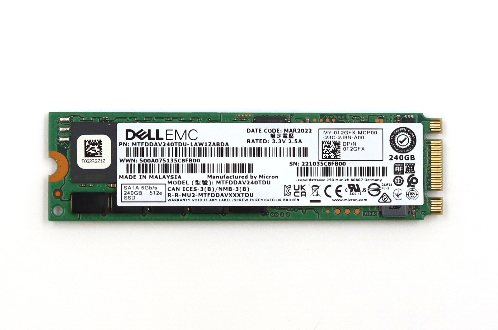 Dell EMC MTFDDAV240TDU 240GB 6Gb/s TLC M.2 2280 SATA SSD P/N: 0T2GFX Tested
