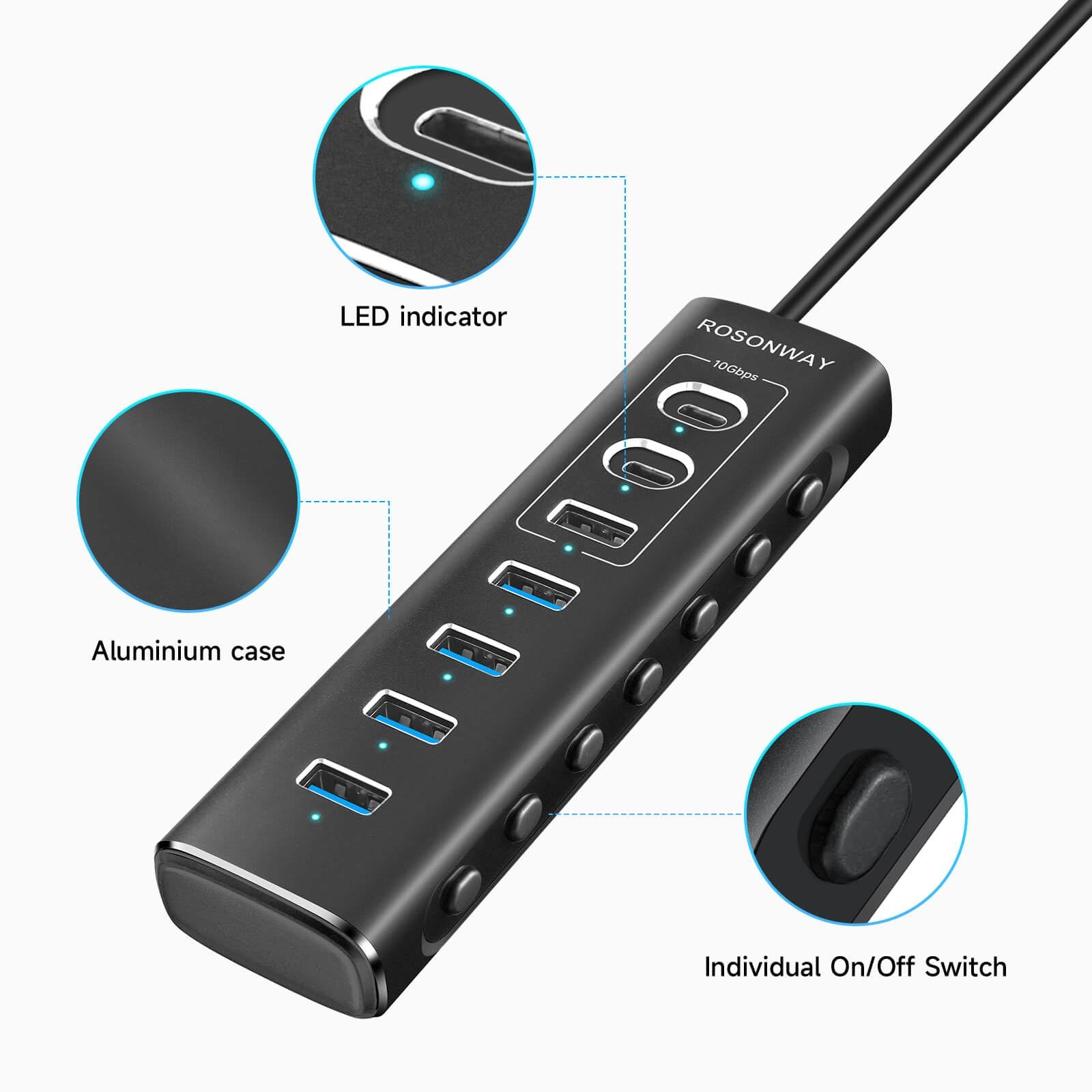 Powered Usb Hub 7port Usb 3.2/usb C Hub With 10gbps Usba 3.2 2 Usbc 3.2 4 Usb 3.